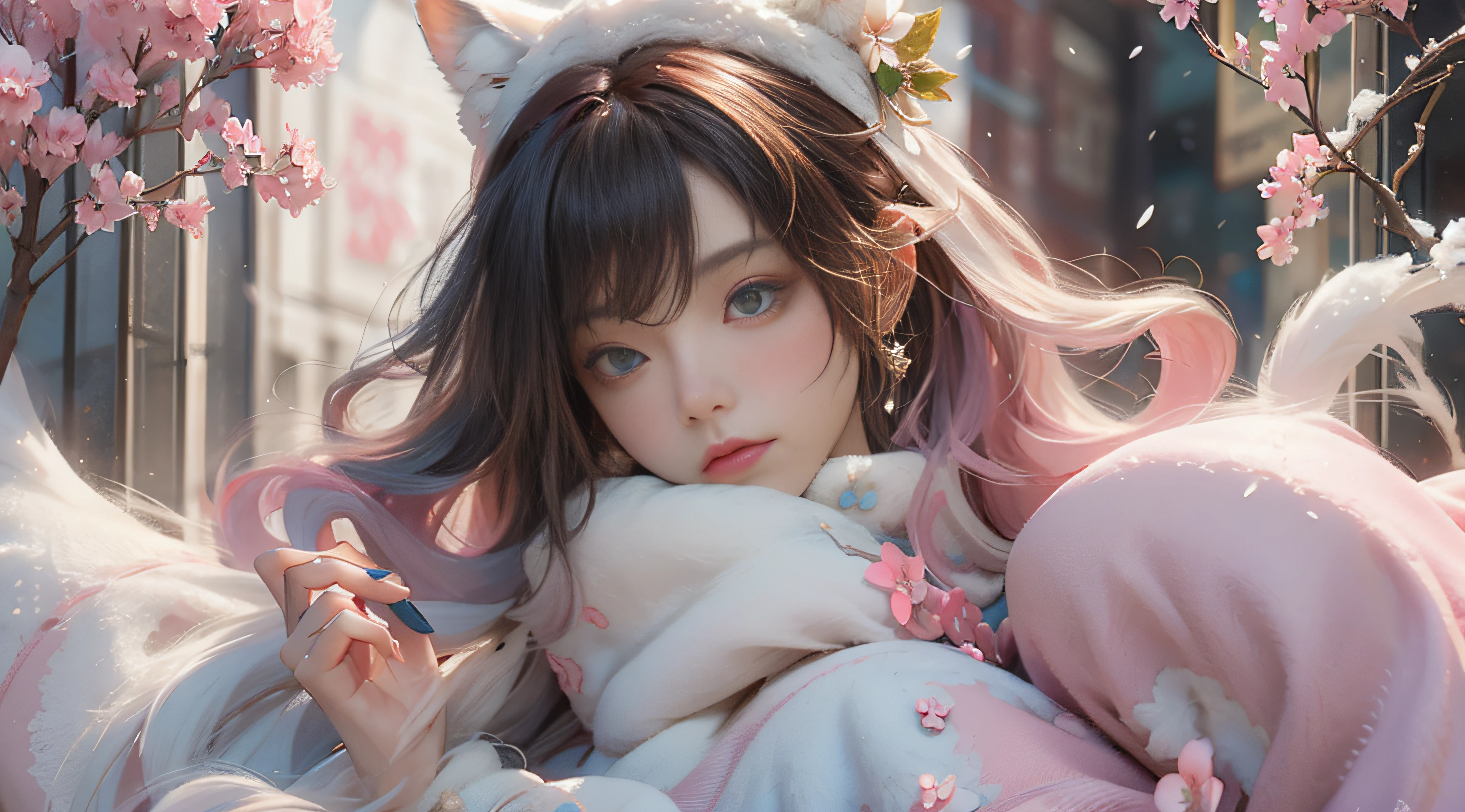 ((best qualtiy)), ((tmasterpiece)), (detail:1.4), Beautiful cyberpunk female images,hdr(HighDynamicRange),Ray traching,NVIDIA RTX,Hyper-Resolution,illusory 5,sub surface scattering,PBR textures,post-proces,Anisotropy Filtering,depth of fields,maximum definition and sharpness,Many-Layer Textures,Albedo e mapas Speculares,Surface coloring,Mitsu-Accurate simulation of material interactions,perfectly proportioned,rendering by octane,Two-colored light,largeaperture,Low ISO,White balance,Rule three points、8K raw data、Beautiful bright blue pupils,off-the-shoulder clothes,Fine pupils,Delicate face and eyes,long eyelasher,Blushlush,Delicate and fluffy hair,pink lip,Pure,Cute face,Sweet girl,Artistic sense,Casual wear,Advancedsense,butterflys,Cherry blossom petal,Beautiful hair accessories,Long hair and waist,Hair fluttering in the wind,Snow-white fox ears,curlies,Snow-white fluffy tail,Positive light,The light from the back window is backlighted