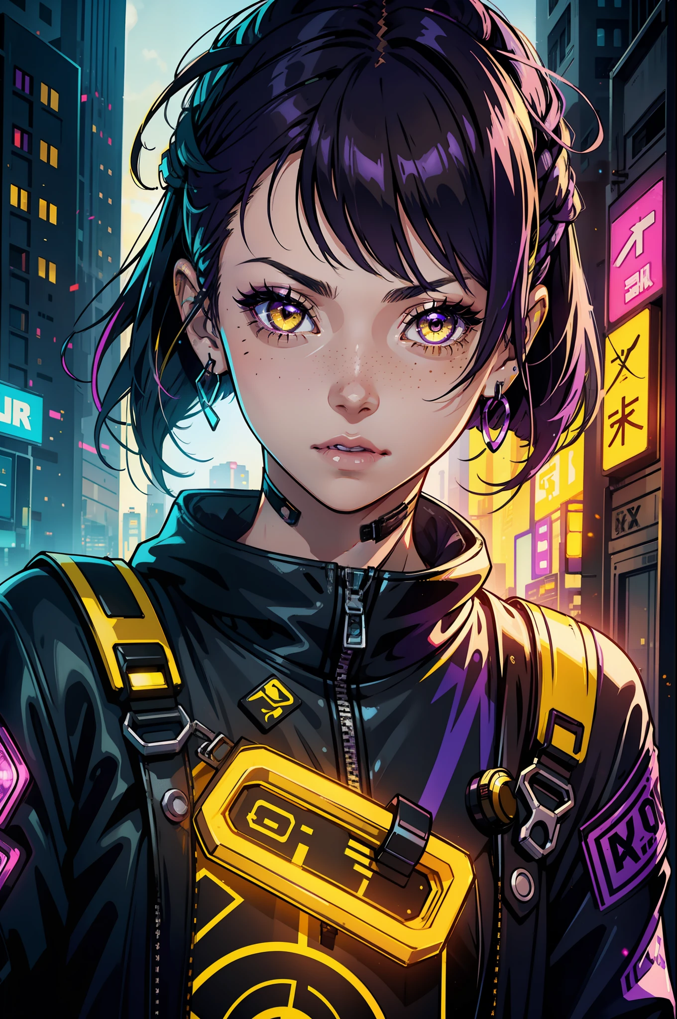 1girl,solo,colorful,yellow eyes,cyberpunk,city,peace sign,earrings,purple hair,eye patche,freckles,prothesis,mechanic,neon,beautiful lighting,purple reflection,cap,smoking,character focus,cg illustration,bust shot,yellow and black outfit,black hair,