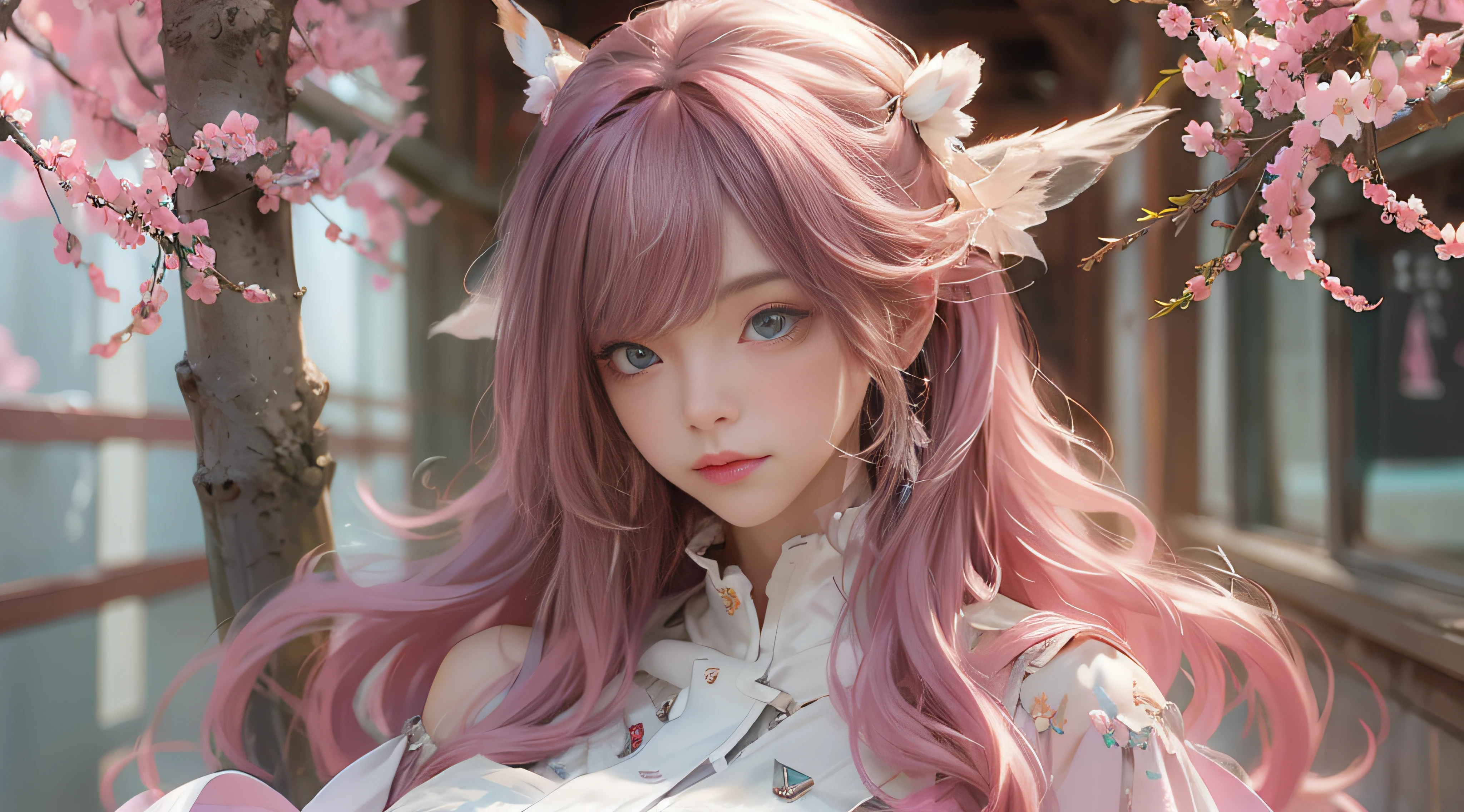 A close up of a woman with long pink hair and a cat ears - SeaArt AI