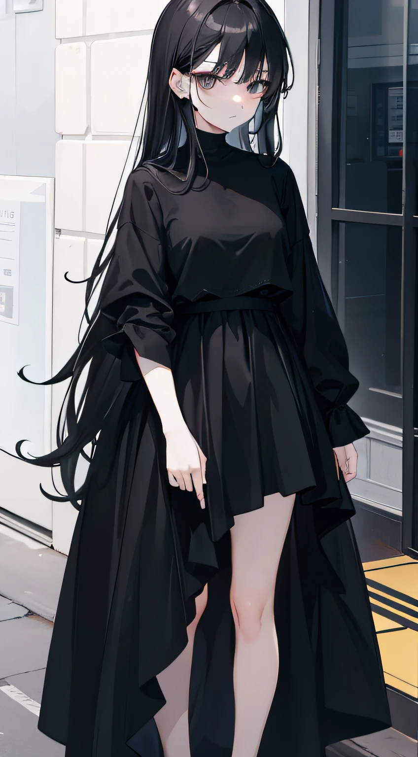 A woman in a black shirt and black dress,Minimalist style,Wear elegant casual clothing,boots,Milk and black style,Black eyes,Modern and stylish dress,Casual modern dress,inspo , Anime,Blackn clothes, a black skirt, Neutral tones, black and white color scheme, Anime,leisure wear, scary face,, 22 year old, adult face, long hair, ((black hair))