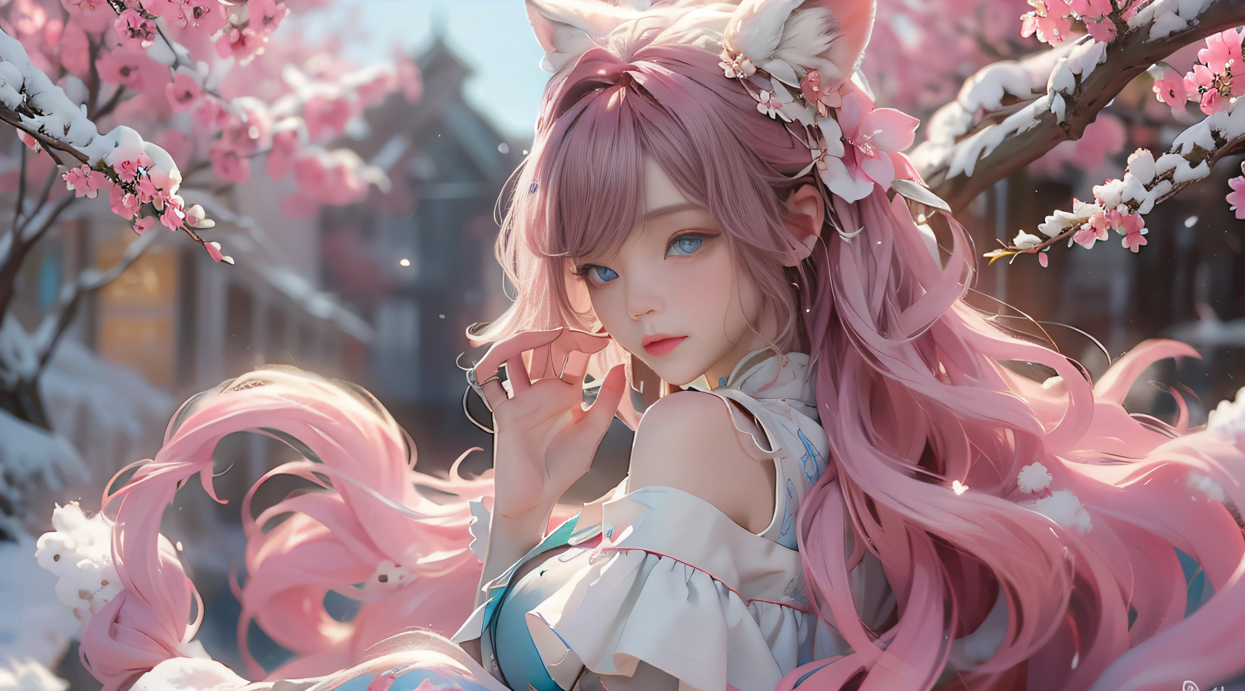 （（best qualtiy））， （（tmasterpiece））， （detail：1.4）， Beautiful cyberpunk female images，hdr（HighDynamicRange），Ray traching，NVIDIA RTX，Hyper-Resolution，illusory 5，sub surface scattering，PBR textures，post-proces，Anisotropy Filtering，depth of fields，maximum definition and sharpness，Many-Layer Textures，Albedo e mapas Speculares，Surface coloring，Mitsu-Accurate simulation of material interactions，perfectly proportioned，rendering by octane，Two-colored light，largeaperture，Low ISO，White balance，Rule three points、8K raw data、Beautiful bright blue pupils，off-the-shoulder clothes，Fine pupils，Delicate face and eyes，long eyelasher，Blushlush，Delicate and fluffy hair，pink lip，Pure，Cute face，Sweet girl，Artistic sense，Casual wear，Advancedsense，butterflys，Cherry blossom petal，Beautiful hair accessories，Long hair and waist，Hair fluttering in the wind，Snow-white fox ears，curlies，Snow-white fluffy tail，Positive light，The light from the back window is backlighted