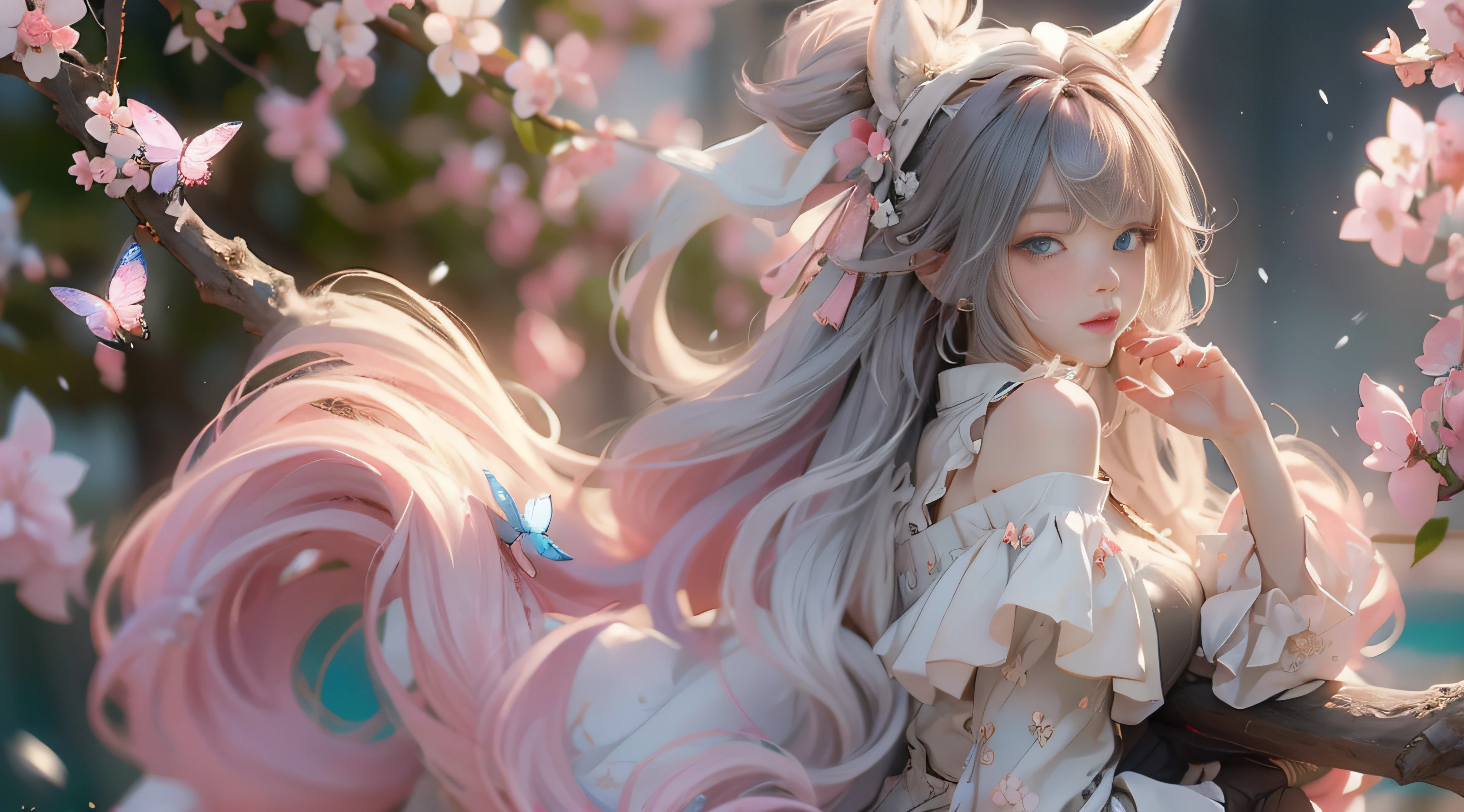 ((best qualtiy)), ((tmasterpiece)), (detail:1.4), Beautiful cyberpunk female images,hdr(HighDynamicRange),Ray traching,NVIDIA RTX,Hyper-Resolution,illusory 5,sub surface scattering,PBR textures,post-proces,Anisotropy Filtering,depth of fields,maximum definition and sharpness,Many-Layer Textures,Albedo e mapas Speculares,Surface coloring,Mitsu-Accurate simulation of material interactions,perfectly proportioned,rendering by octane,Two-colored light,largeaperture,Low ISO,White balance,Rule three points、8K raw data、Beautiful bright blue pupils,off-the-shoulder clothes,Fine pupils,Delicate face and eyes,long eyelasher,Blushlush,Delicate and fluffy hair,pink lip,Pure,Cute face,Sweet girl,Artistic sense,Casual wear,Advancedsense,butterflys,Cherry blossom petal,Beautiful hair accessories,Long hair and waist,Hair fluttering in the wind,Snow-white fox ears,curlies,Snow-white fluffy tail,Positive light,The light from the back window is backlighted
