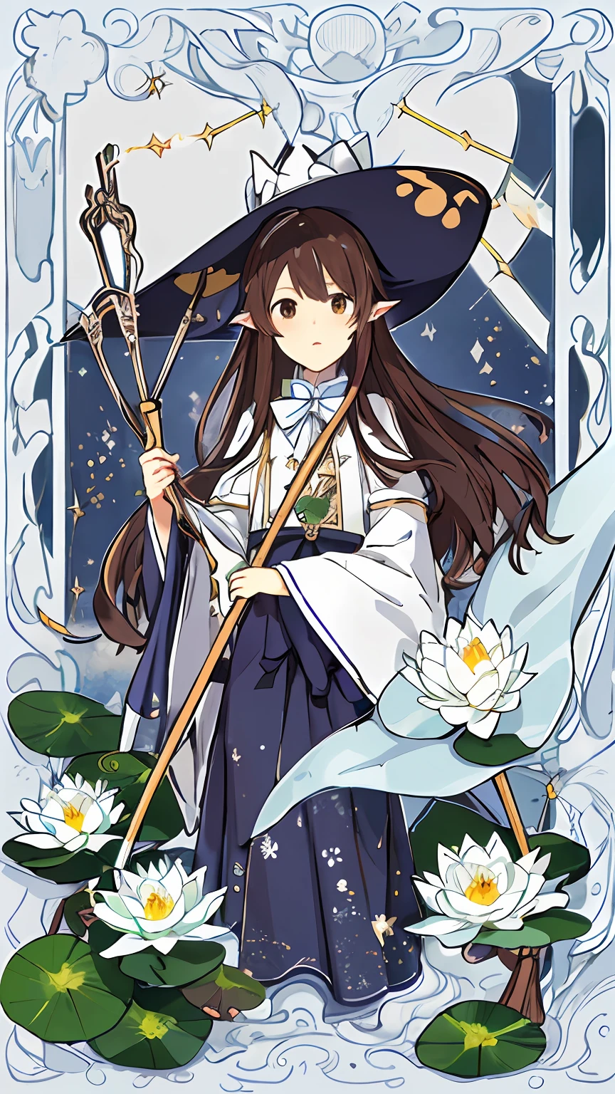 masterpiece、top-quality、女の子1人、adjusting clothes、adjusting headwear、a bow tie、breastsout、Brown-eyed、Brown hair、cloaks、clouds、cloudy ash sky、Crescent、doress、Fantasia、florals、full body Esbian、glitters、Keep the cane、Particles of light、water lily、length hair、looking at viewert、a moon、rays of moonlight、mont、Mountain Horizon、natta、plein air、Parted lips、Spiky ears、Chii、Skysky、tiny chest、A staff、stele(Skysky)、starrysky、Very Longhair、playing in the water、Water lily flower、the wind、the witch、Witch Hat、Tarot card style