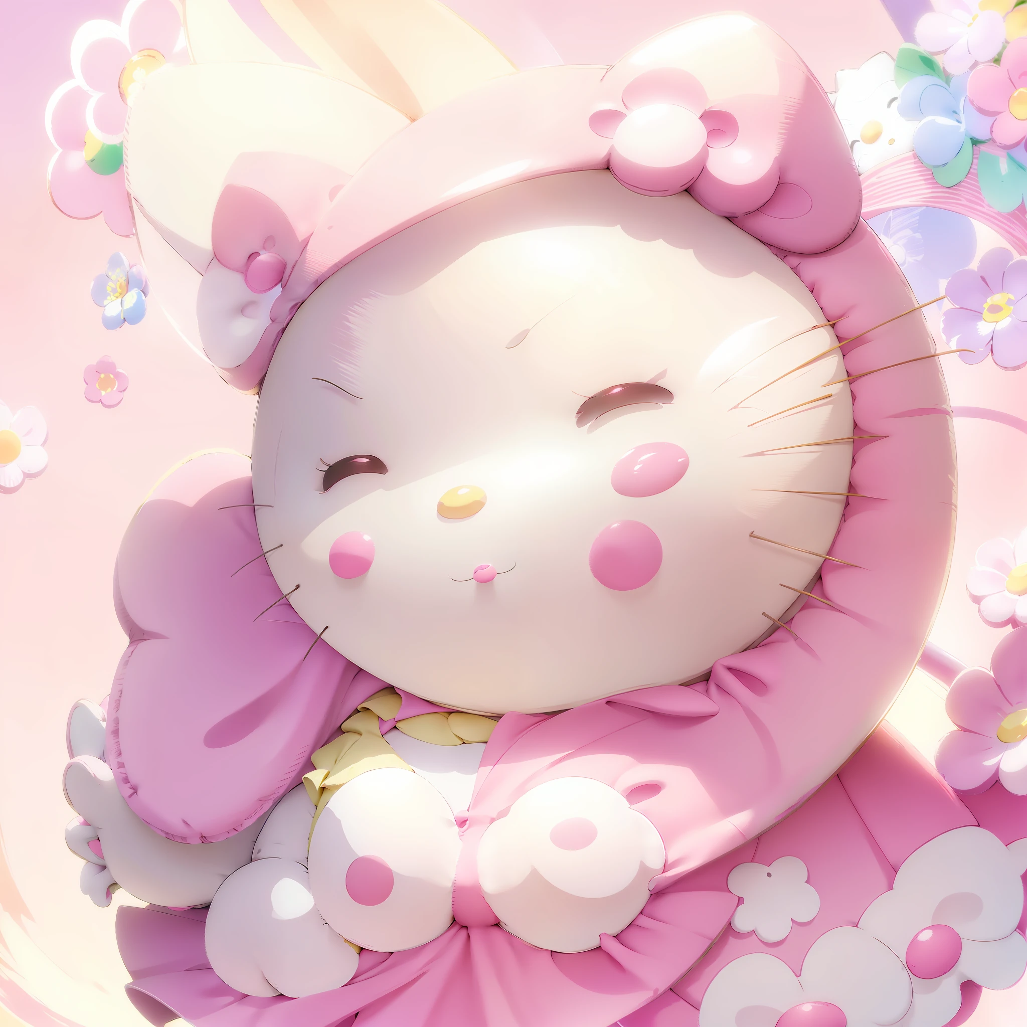 "Hello Kitty with a cute expression, wearing a pink bow, surrounded by pastel-colored flowers and floating balloons."