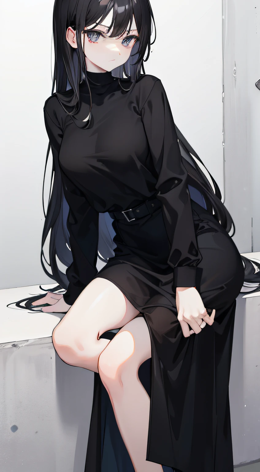A woman in a black shirt and black dress，Minimalist style，Wear elegant casual clothing，boots，Milk and black style，Black eyes，Modern and stylish dress，Casual modern dress，inspo , Anime，Blackn clothes, a black skirt, Neutral tones, black and white color scheme, Anime，leisure wear, scary face,, 22 year old, adult face, long hair, ((black hair))