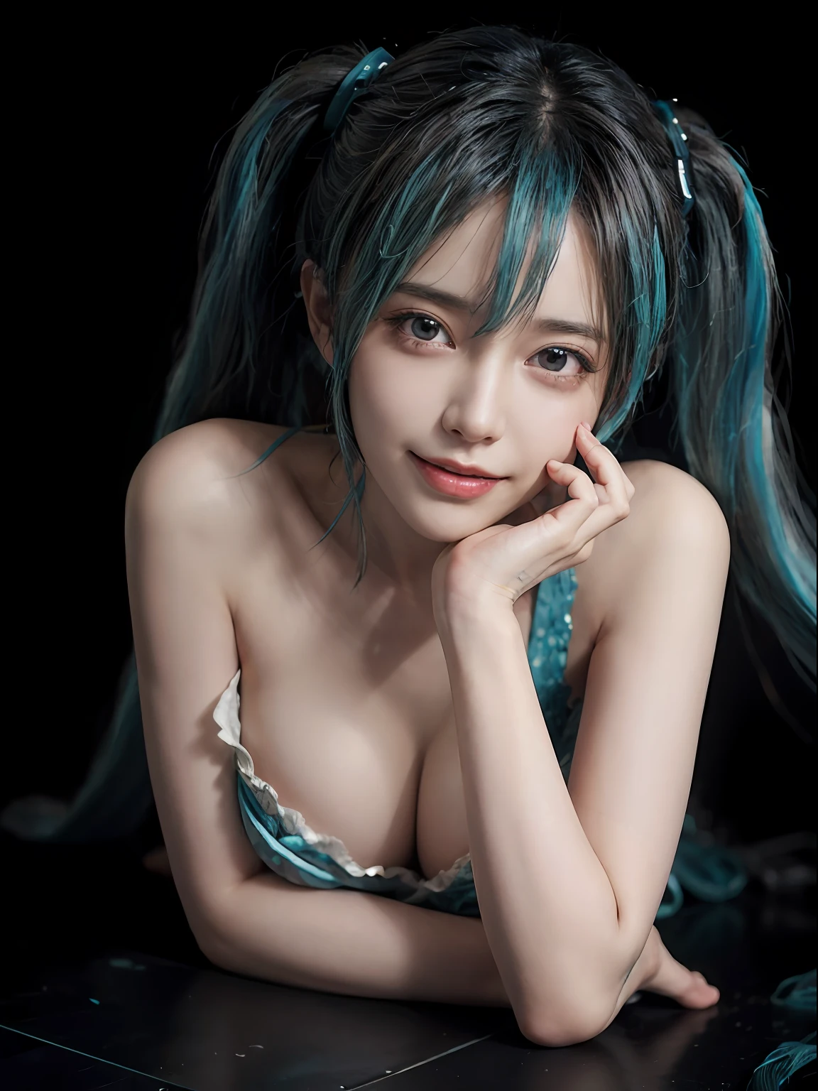 (front focus), keyword: 1girl in photoshoot, (((hatsune miku))), (in the dark:1.6), Hyperrealist portrait, fantasy art, photo realistic, dynamic lighting, poster, bokeh, volumetric lighting, very detailed faces, 8k, award winning, 1girl, 25 years old girl, deep shadow, low key, long twin tail hair with pony, bright tosca hair and eye color (((strong color))), big breast, round breast, nacklaces , full body, big smile (open mouth), wet skin, Highly detailed face and skin texture, Detailed eyes, Realistic eyes, Beautiful detailed eyes, (Realistic skin), (((futuristic hatsune miku dress 1:1))), dynamic poses