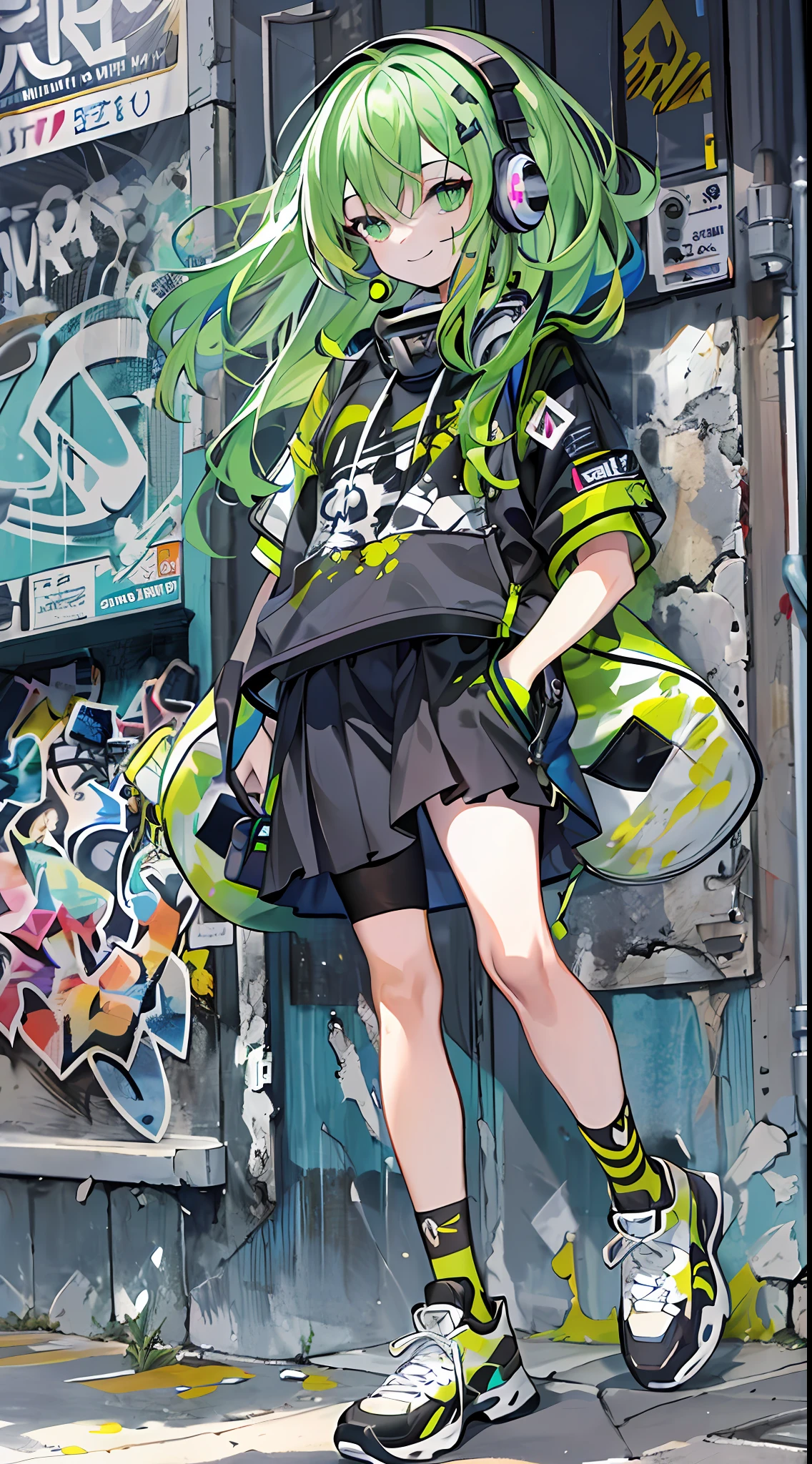 tmasterpiece,Best Picture Quality,Graffiti girl(scribbles: 2),paint splatter,against a wall,Tilt your head and smile,whaite hair,Green eyes,Earphone,(Green and black tones:3),Functional wind wear,Trendy outfits。