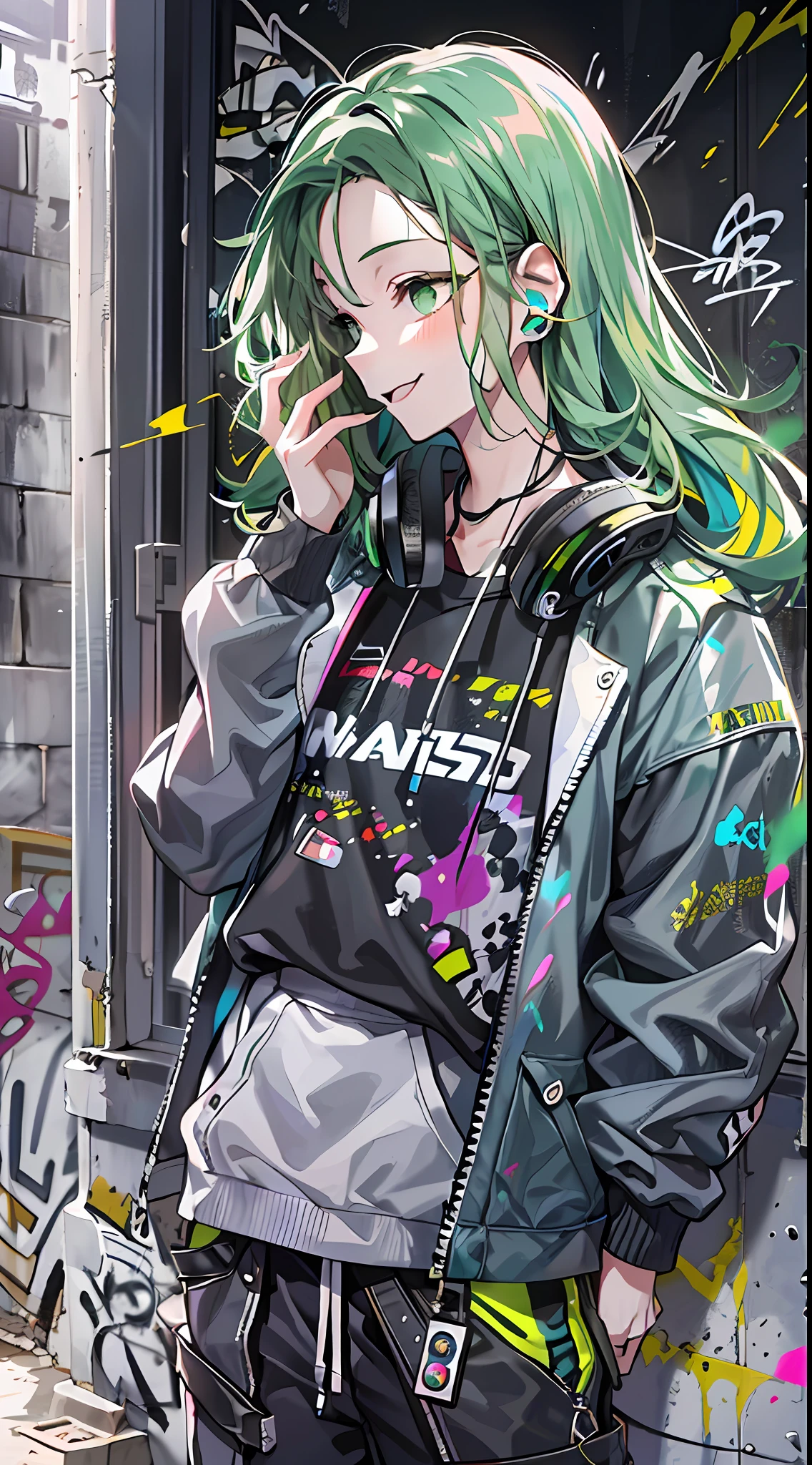 tmasterpiece,Best Picture Quality,Graffiti girl(scribbles: 2),paint splatter,against a wall,Tilt your head and smile,whaite hair,Green eyes,Earphone,(Green and black tones:3),Functional wind wear,Trendy outfits。
