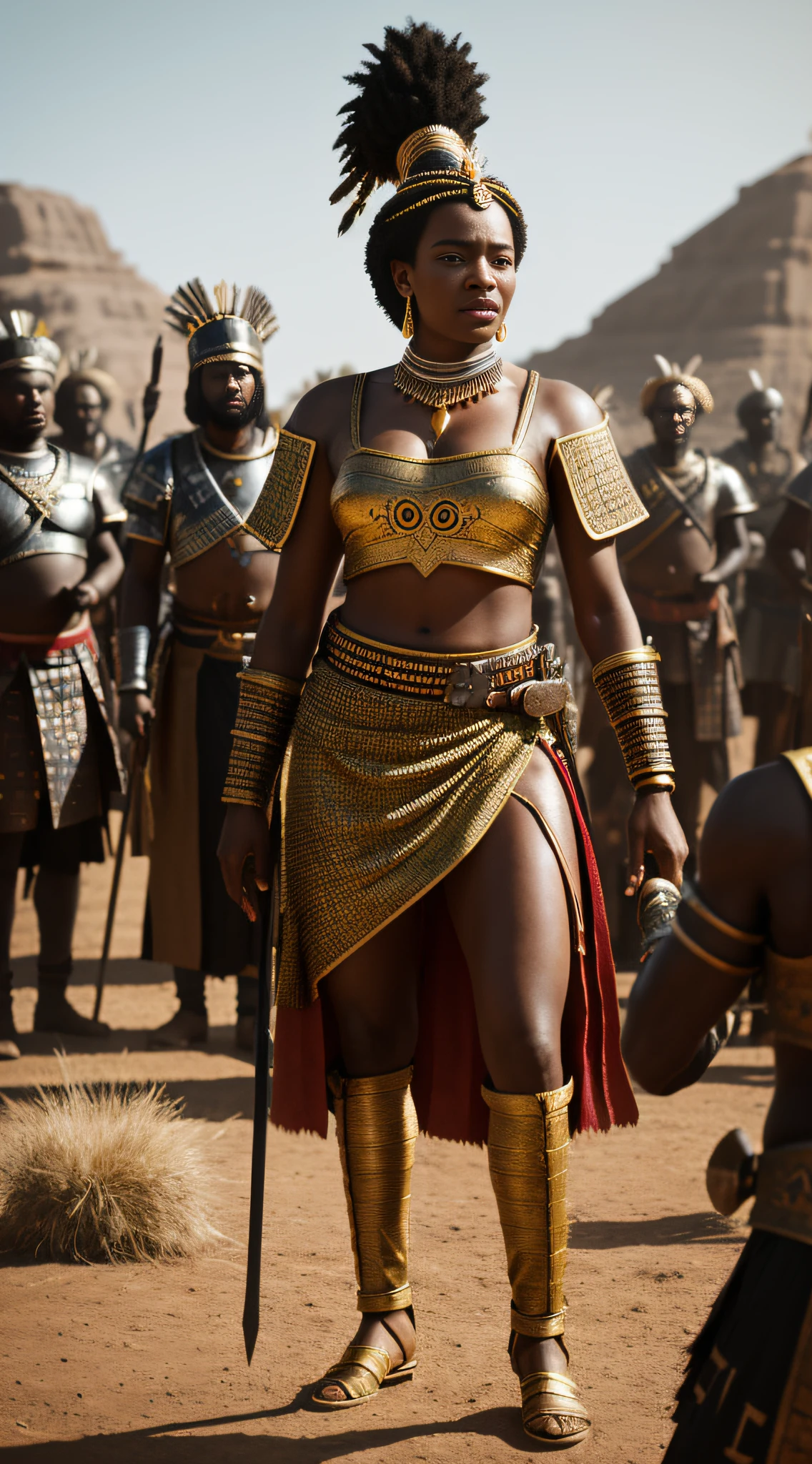 {A vivid depiction of a heated battle with Queen Nzinga at the forefront. Her warriors, dressed in southwest African warrior attire, are rallying behind her. The scene is set in the 17th-century.}, Digital Image, Realistic Style inspired by Greg Rutkowski, Canon EF 70mm Lens, Full Body Shot, (Hyperrealistic 3D render:1.15), (Sunlight:0.9), (4K Resolution:1.25), (High Contrast:1.14)