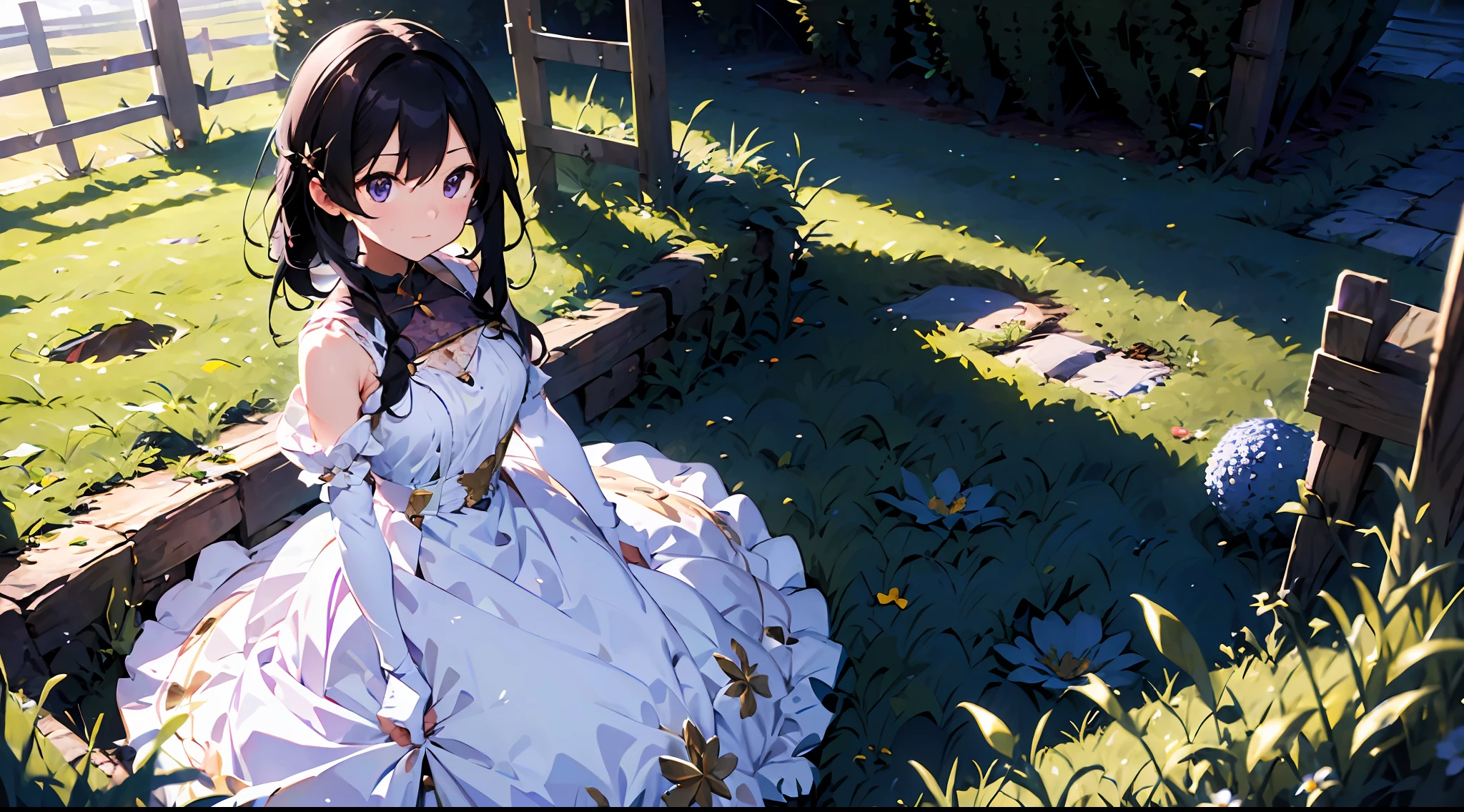 (Masterpiece), Best quality, （CharacterDesignSheet，Same role，frontage，Lateral face，on  back）, wears a white dress，Purple lace，（White lace gloves，Purple lace），There are flowers on it,   concept-art，Lace gloves，Off-the-shoulder attire