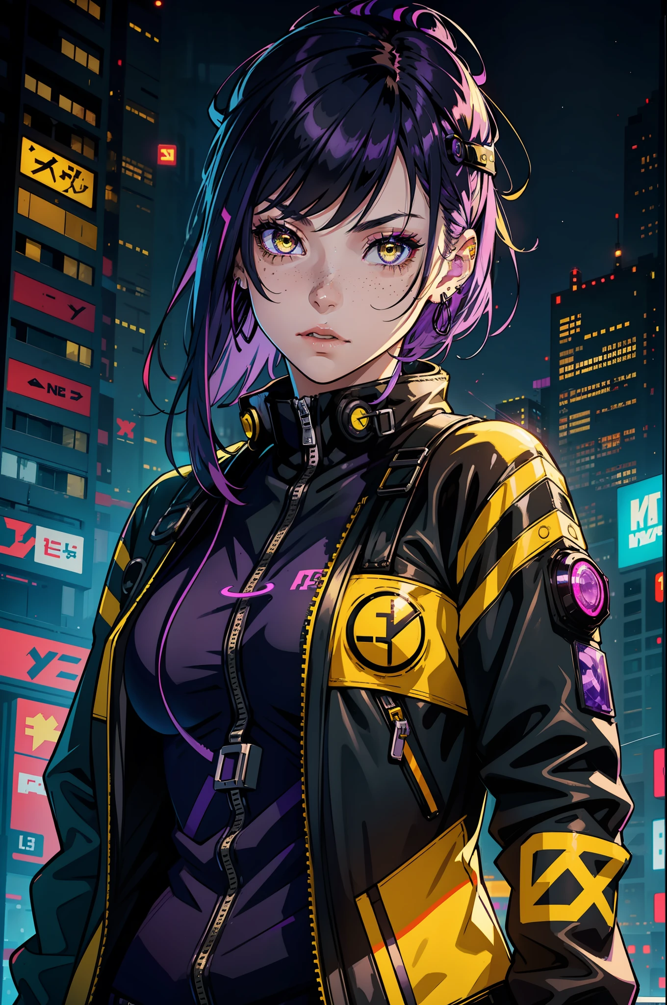 1girl,solo,colorful,yellow eyes,cyberpunk,city,peace sign,earrings,purple hair,eye patche,freckles,prothesis,mechanic,neon,beautiful lighting,purple reflection,cap,smoking,character focus,cg illustration,bust shot,yellow and black outfit,black hair,