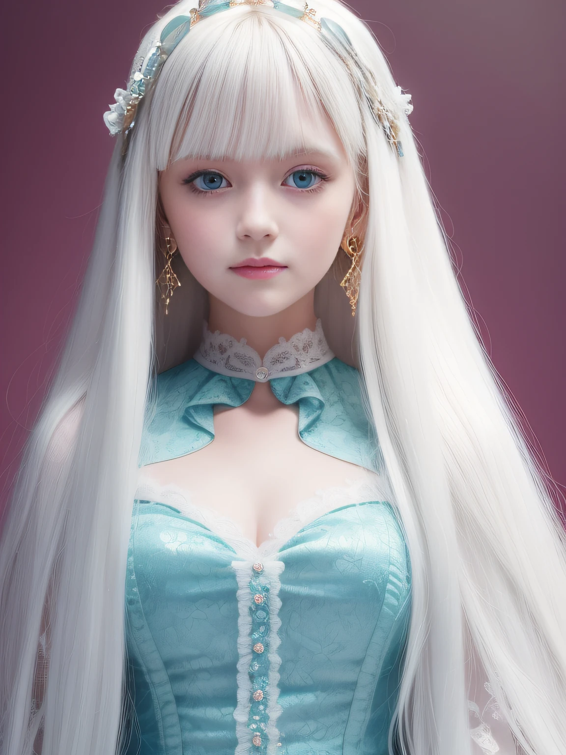 A white blonde doll with long hair and earrings,closeup of face,ssmile,adolable,Dark emerald and light aquamarine style, 32k ULTRAHD, nostalgic paintings, charming anime characters, Beautiful women, Light gold and magenta, Baroque grandeur - AR 40:53 --Q 5 --Niggie 5