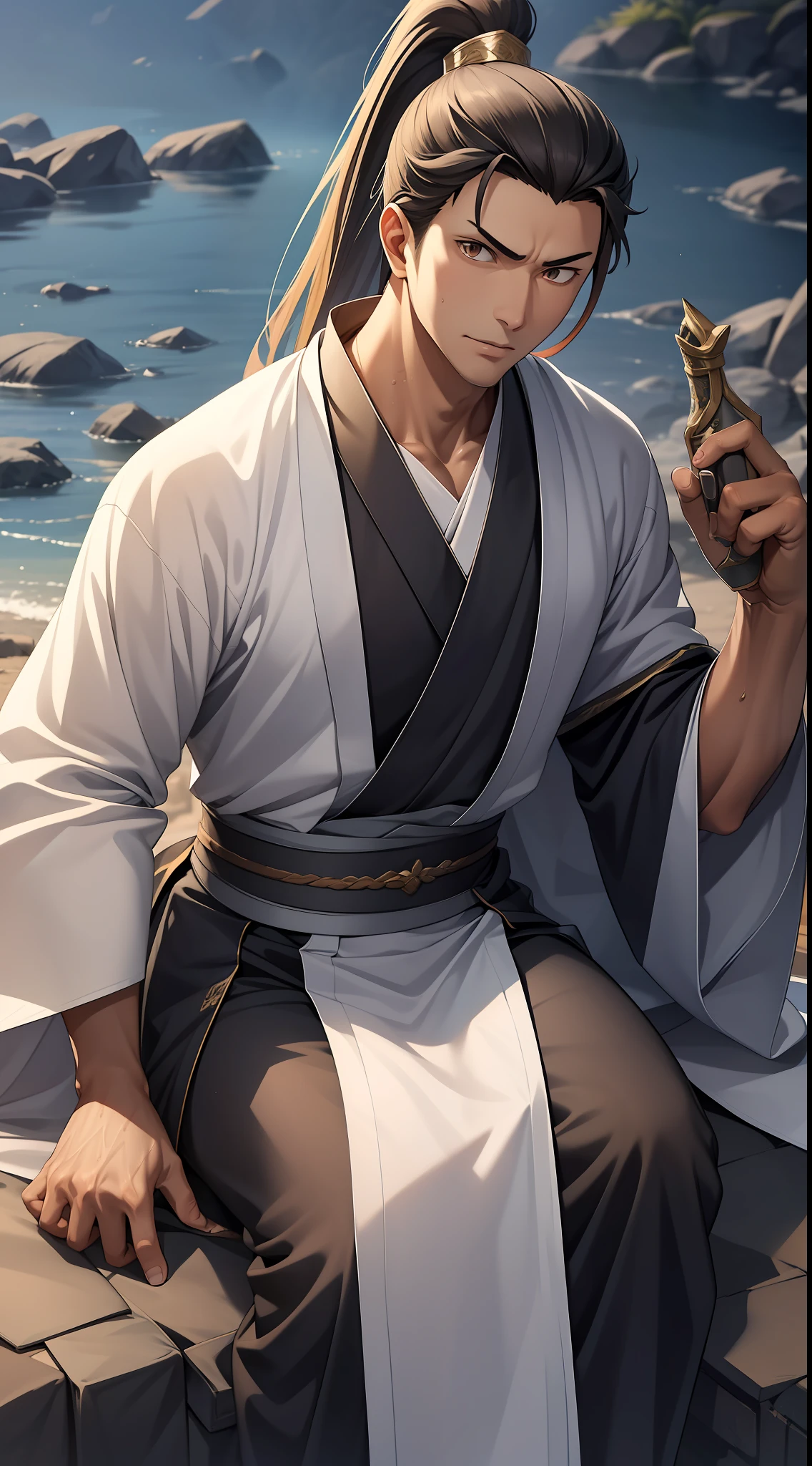 quadratic element,style of anime,mtu(Male Warrior),The proportions are correct,Face details,swordsmen,High ponytail hairstyle,Neck details,There is an Adam's apple,Black Hanfu,kaftan,black toga,clothes details,Handing over,longer sleeves,Game quality,Swordsmanship,Light and shadow tracking,Ray traching,detailed glow,cg render,hair detail,cabelos preto e longos,Black ㇏ eyes,Handsome,Handsome,(juvenile sense),Clothing is complicated,Perfectcomposition,Refinement,high qulity,higher details,Lots of details,The background is complex,a sense of atmosphere,