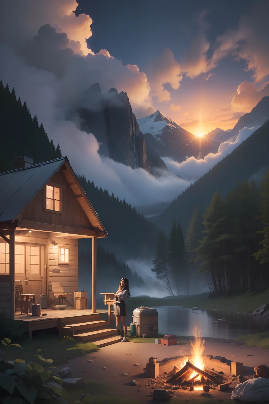 1 woman, black hair, skirt, cold blouse ((full body, crouching, smiling, happy)), masterpiece, best quality, perfect eyes, perfect hands, perfect legs, ultra-detailed, solo, outdoor, (sunset), mountains, nature, (stars, cloud) cheerful, happy, backpack, sleeping bag, camping stove, water bottle, tennis, gloves, flashlight, forest, stones, river, wood, smoke, shadows, contrast, style, (warm hue, warm tone: 1.2), cinematic light, side lighting, ultra high resolution, best shade, RAW, wooden house, campfire