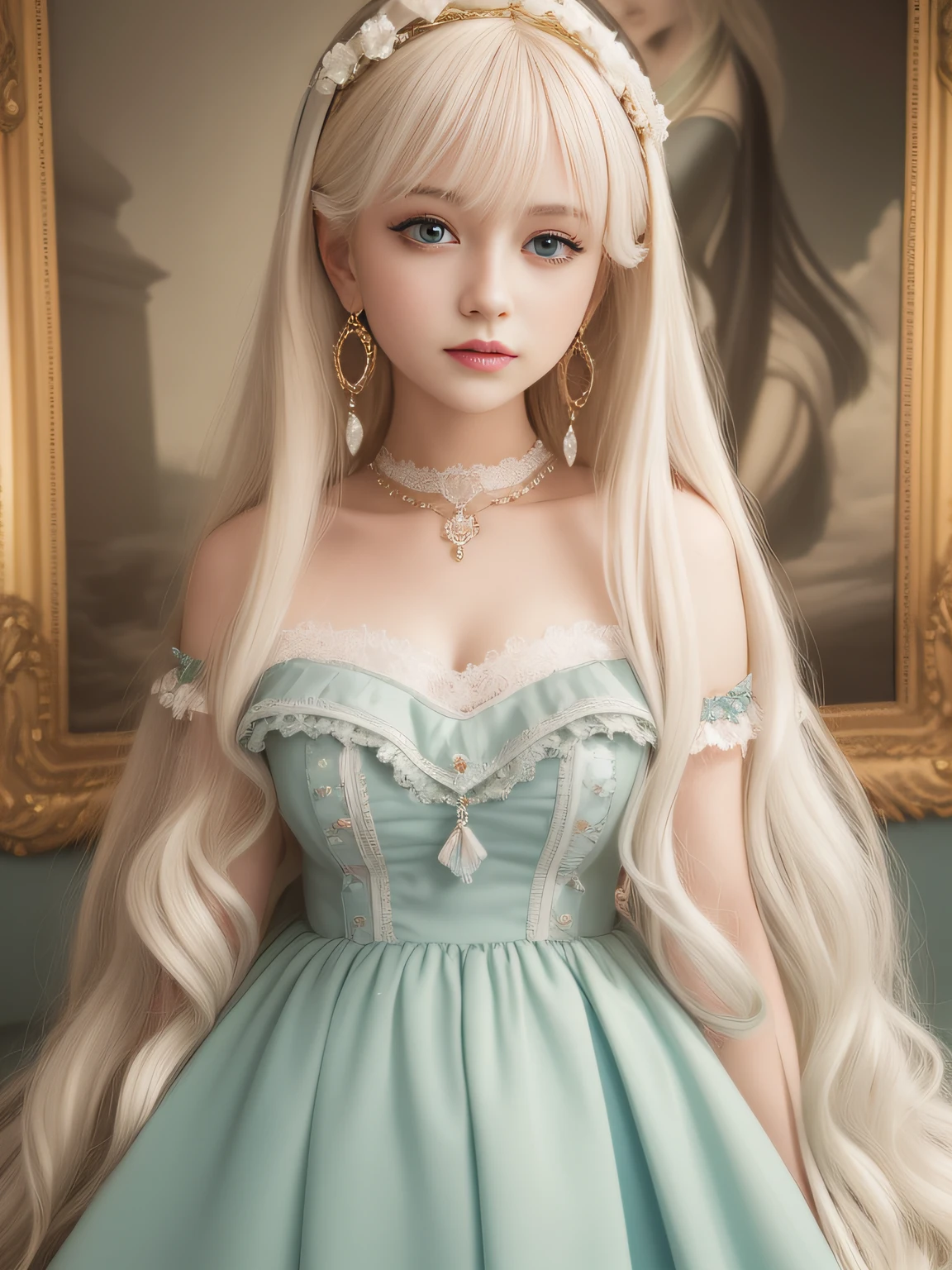 A white blonde doll with long hair and earrings,closeup of face,ssmile,adolable,Dark emerald and light aquamarine style, 32k ULTRAHD, nostalgic paintings, charming anime characters, Beautiful women, Light gold and magenta, Baroque grandeur - AR 40:53 --Q 5 --Niggie 5