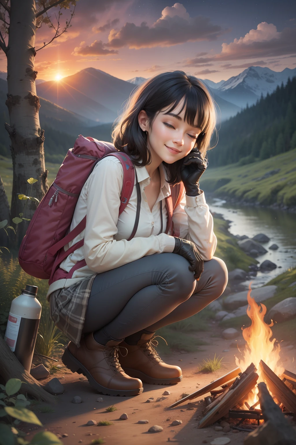 1 woman, black hair, skirt, cold blouse ((full body, crouching, smiling, happy)), masterpiece, best quality, perfect eyes, perfect hands, perfect legs, ultra-detailed, solo, outdoor, (sunset), mountains, nature, (stars, cloud) cheerful, happy, backpack, sleeping bag, camping stove, water bottle, tennis, gloves, flashlight, forest, stones, river, wood, smoke, shadows, contrast,  style, (warm hue, warm tone: 1.2), cinematic light, side lighting, ultra high resolution, best shade, RAW, wooden house, campfire