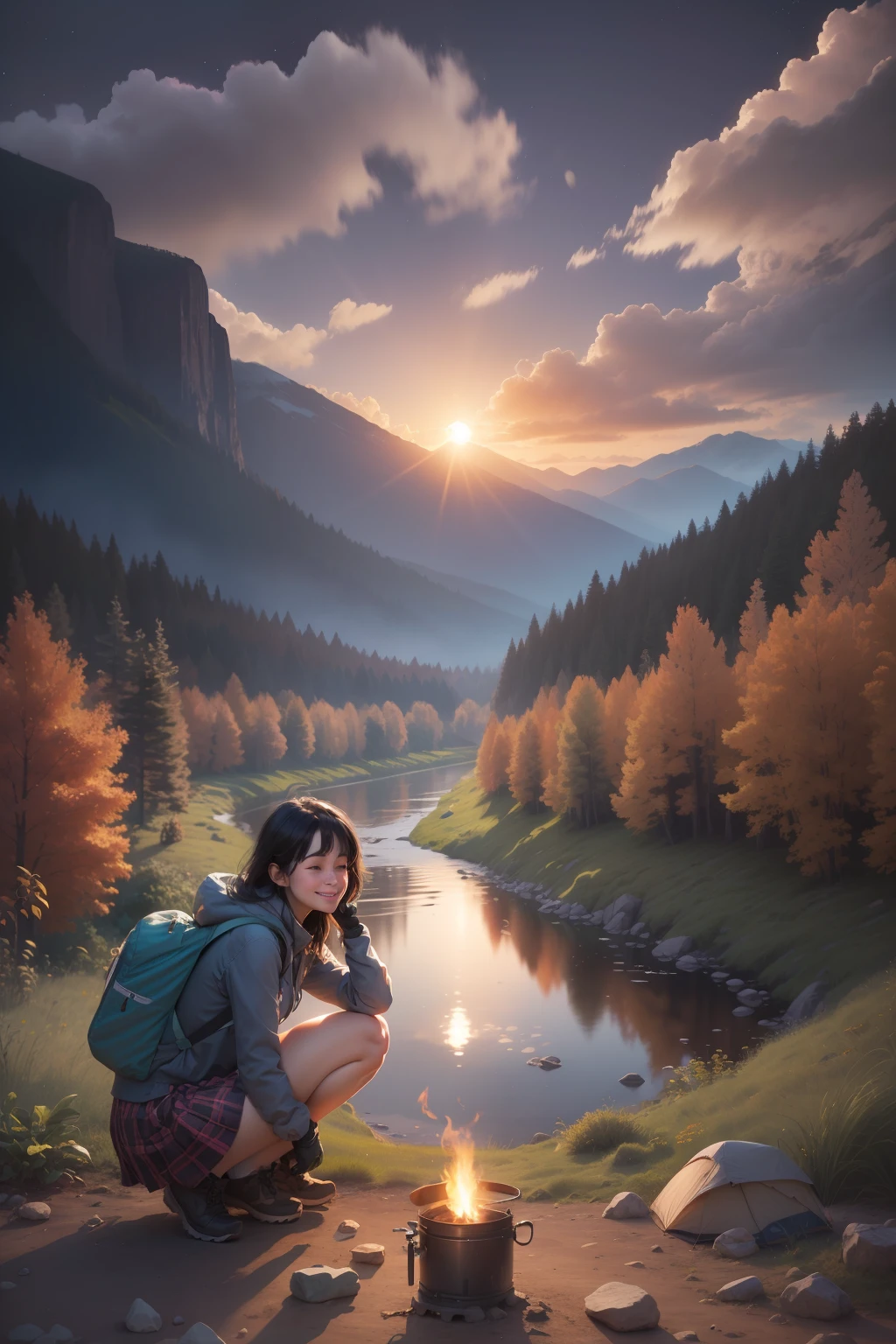 1 woman, black hair, skirt, cold blouse ((full body, crouching, smiling, happy)), masterpiece, best quality, perfect eyes, perfect hands, perfect legs, ultra-detailed, solo, outdoor, (sunset), mountains, nature, (stars, cloud) cheerful, happy, backpack, sleeping bag, camping stove, water bottle, tennis, gloves, flashlight, forest, stones, river, wood, smoke, shadows, contrast,  style, (warm hue, warm tone: 1.2), cinematic light, side lighting, ultra high resolution, best shade, RAW, wooden house, campfire
