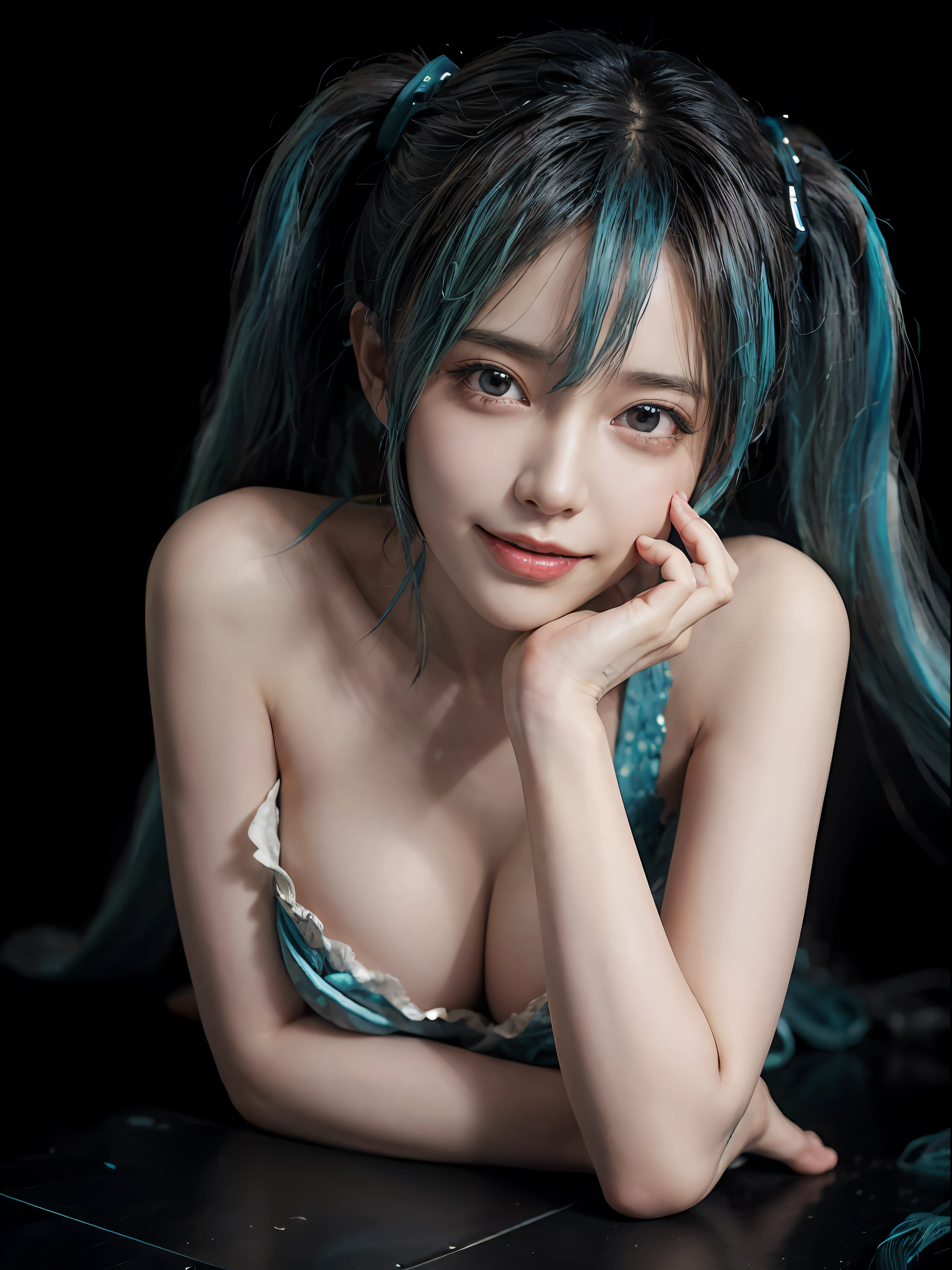 (front focus), keyword: 1girl in photoshoot, (((hatsune miku))), (in the dark:1.6), Hyperrealist portrait, fantasy art, photo realistic, dynamic lighting, poster, bokeh, volumetric lighting, very detailed faces, 8k, award winning, 1girl, 25 years old girl, deep shadow, low key, long twin tail hair with pony, bright tosca hair and eye color (((strong color))), big breast, round breast, nacklaces , full body, big smile (open mouth), wet skin, Highly detailed face and skin texture, Detailed eyes, Realistic eyes, Beautiful detailed eyes, (Realistic skin), (((futuristic hatsune miku dress 1:1))), dynamic poses