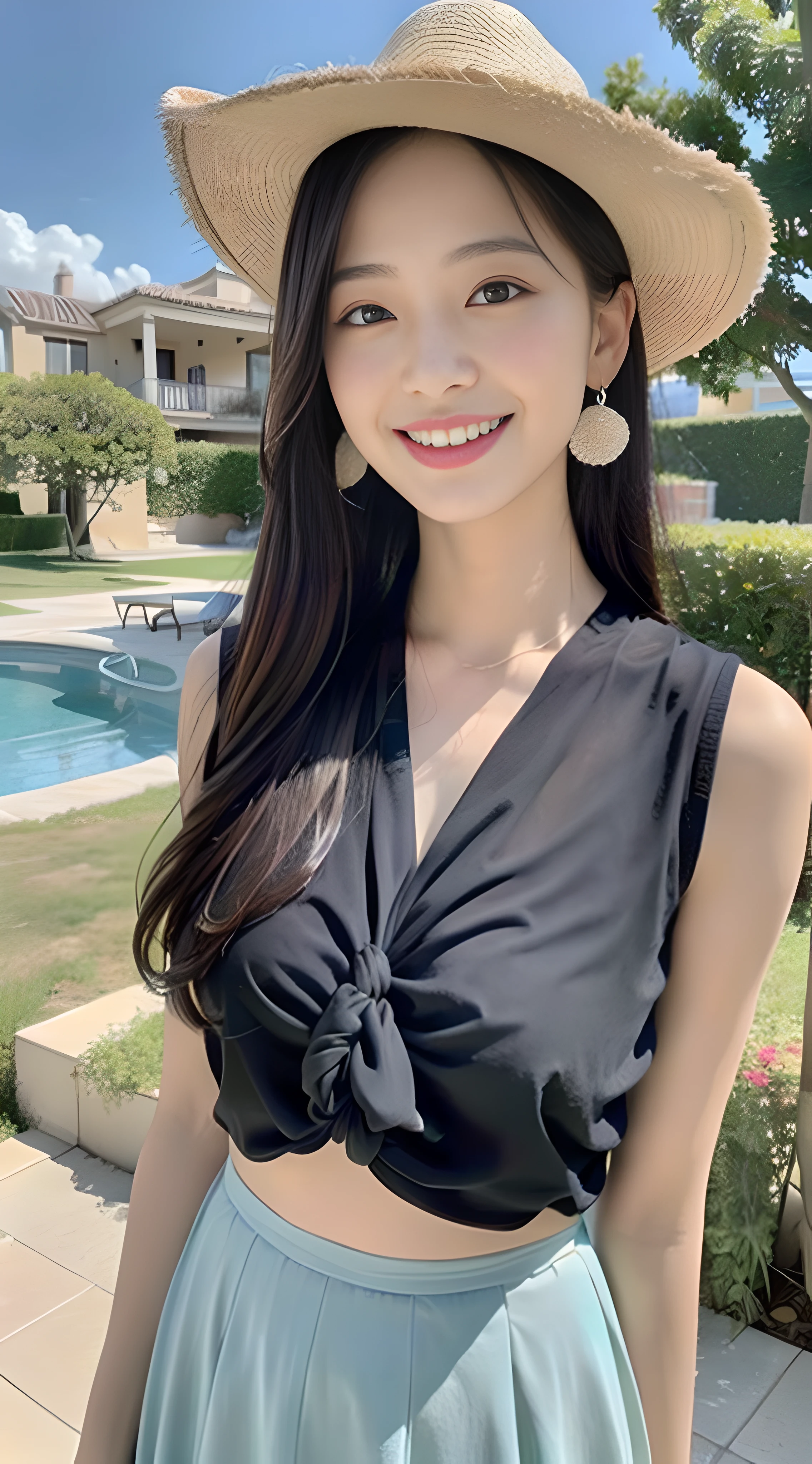 A young and beautiful,Beautiful cute girl,half-body photo。Extremely beautiful and delicate,Black color hair,A sweet smile,(Delicate and beautiful fair skin),Realistic and realistic,exquisite and complete facial features,Detailed depiction of the face,tall nose bridge,Smooth hair,extremely detail hair,Feminine temperament,with a well-proportioned body,Realiy,White teeth,Tied up with hair,Hyper-realism,sandals,Extreme picture quality,Highest precision,Precise and perfect human anatomy,with blue sky and white clouds,rays of sunshine,(Chiffon skirt)(telephoto shot,)Express the landscape,Highlight portrait。inside a luxury Villa。Wearing earrings,Sideways photo,Wearing a cowboy hat