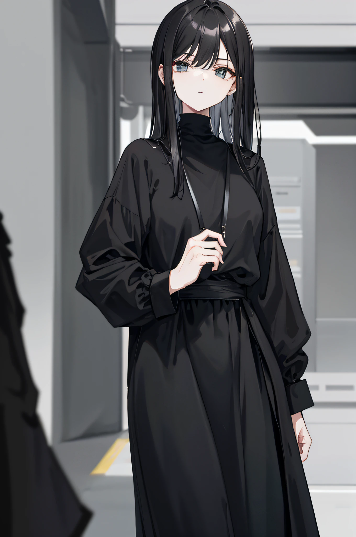 A woman in a black shirt and black dress,Minimalist style,Wear elegant casual clothing,boots,Milk and black style,casual clothing style,Modern and stylish dress,Casual modern dress,inspo , Blackn clothes, Black pantsuit, Neutral tones, rred and white color scheme, casual business outfit, scary face,, 22 year old, adult face, long hair, ((black hair))