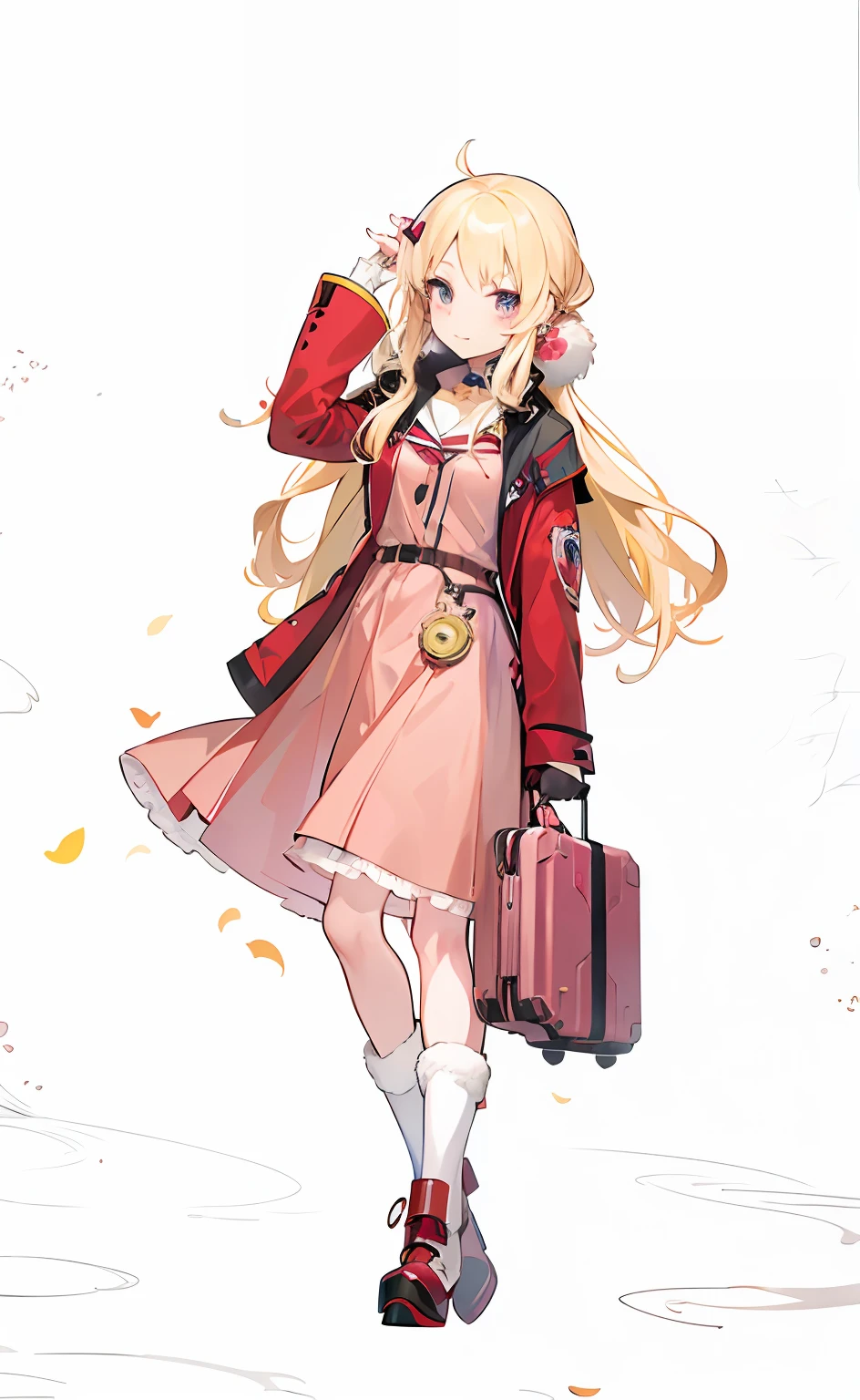 Tova Herschel,Extra-long sideburns,A thousand passes,Anime girl with long blonde hair and burgundy coat holding a suitcase, Tova Herschel,Kushatt Krenz Key Art Women, Beautiful Anime High School Girls,Splash art anime Loli,Smooth anime CG art, Kantai collection style, Detailed key anime art, visual novel key visual,