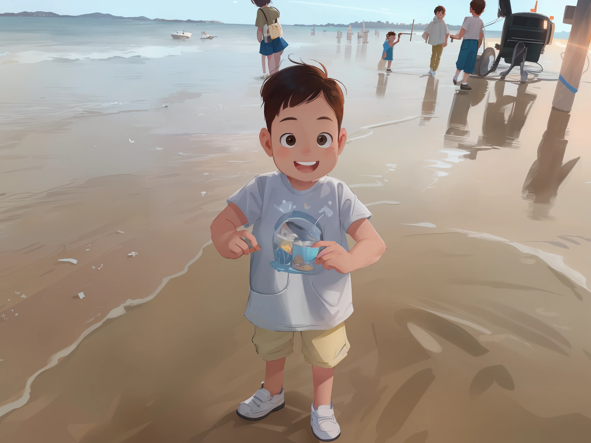 (tmasterpiece), (Need), (super-fine), (A half body:1.2), ultra cute, baby, by Pixar, It's a big eye-catcher, fluffly, ssmile, Delicate and delicate, Fairytales, Incredibly high detail, pixar-style, bright color palette, Natural soft light, Simple background in solid color, Octane rendering, Trends on ArtStation, opulent, ultra-wide-angle, 8K, k hd, realisticlying,younge boy,beachside,clean backdrop