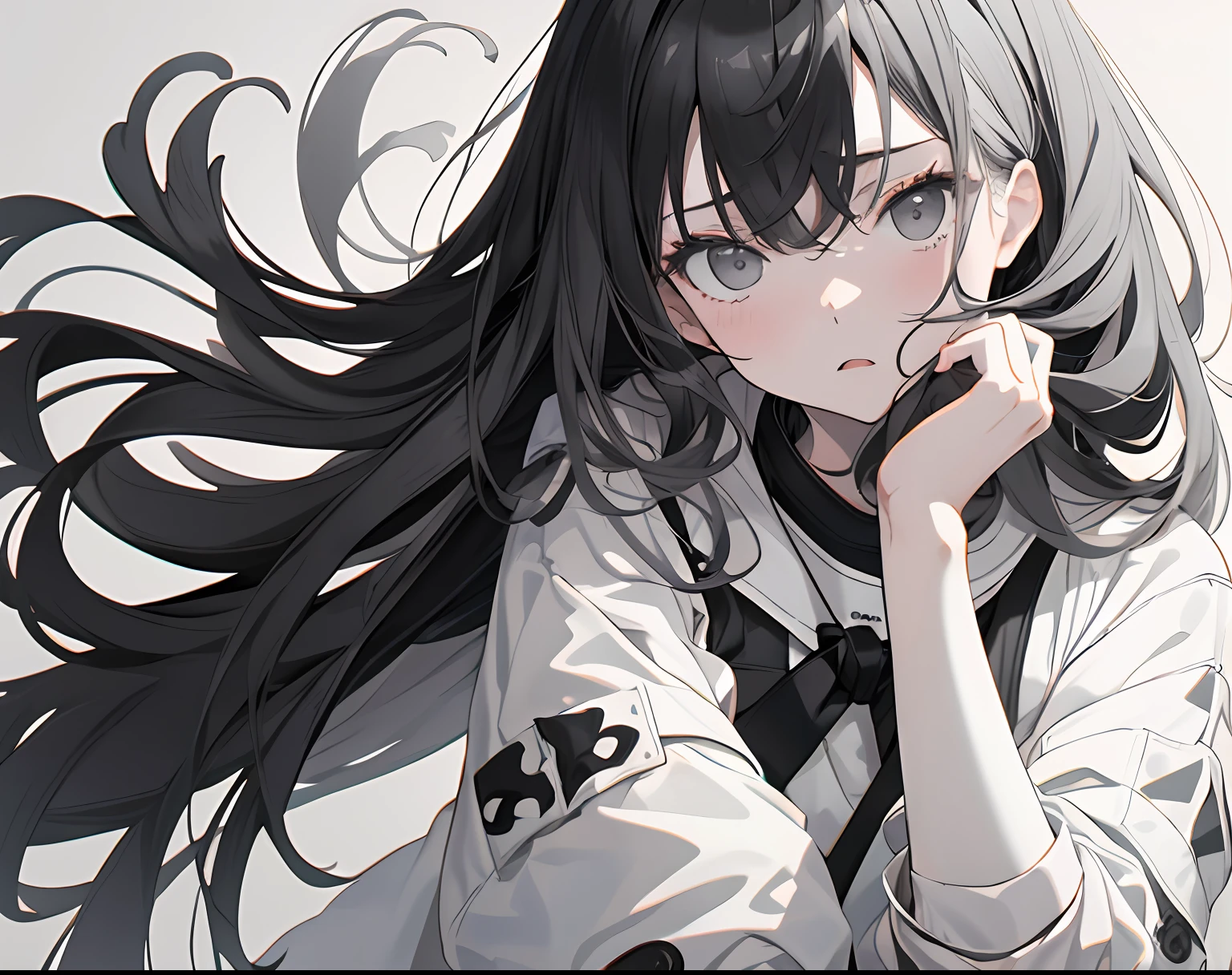 【Highest Quality, masutepiece】 [girl, Manteau, expressioness, Black eyes, front facing, Black hair, Upper body] (Gray white background:1.7),