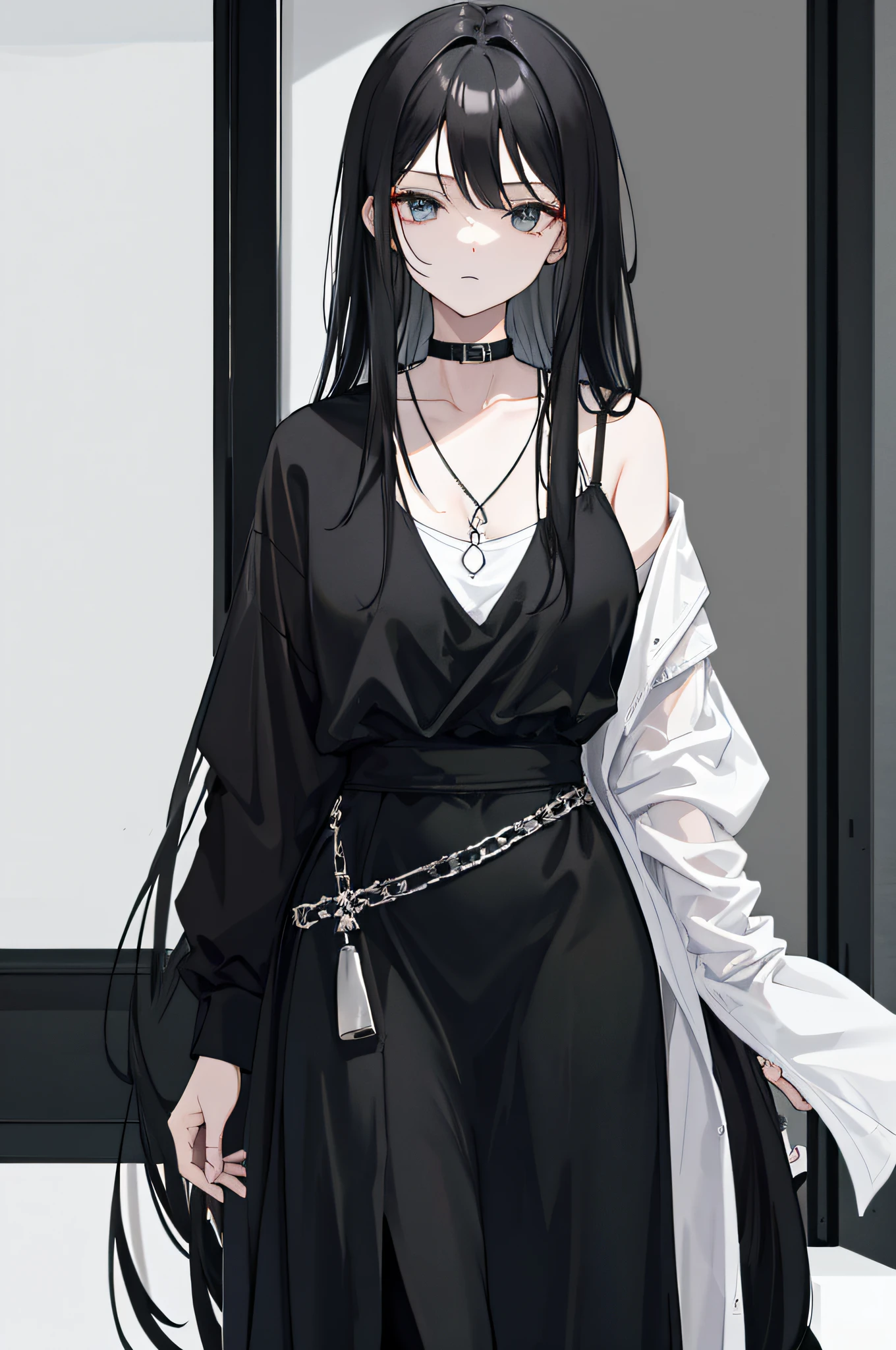 A woman in a black shirt and black dress,Minimalist style,Wear elegant casual clothing,boots,Milk and black style,casual clothing style,Modern and stylish dress,Casual modern dress,inspo , Blackn clothes, Black pantsuit, Neutral tones, rred and white color scheme, casual business outfit, scary face,, 22 year old, adult face, long hair, ((black hair))