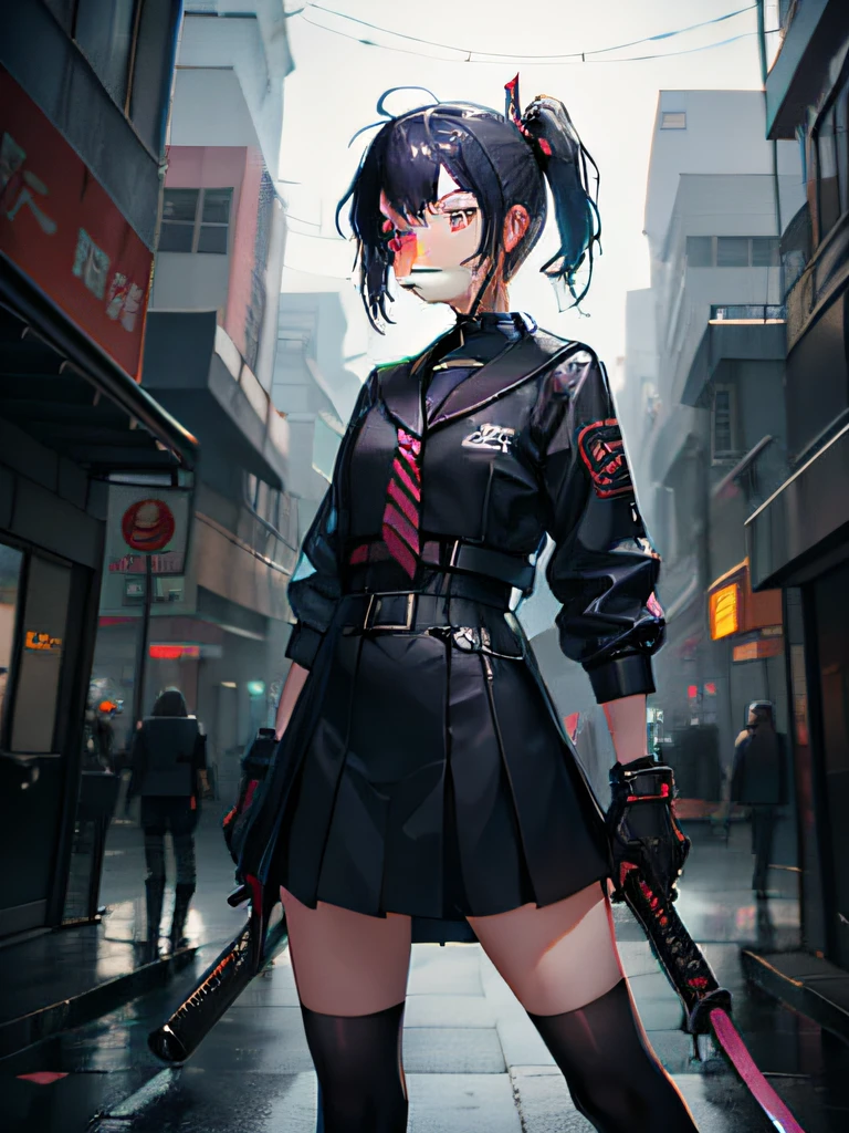 Elementary school student with a katana,cyber punk perssonage,A city where it rains