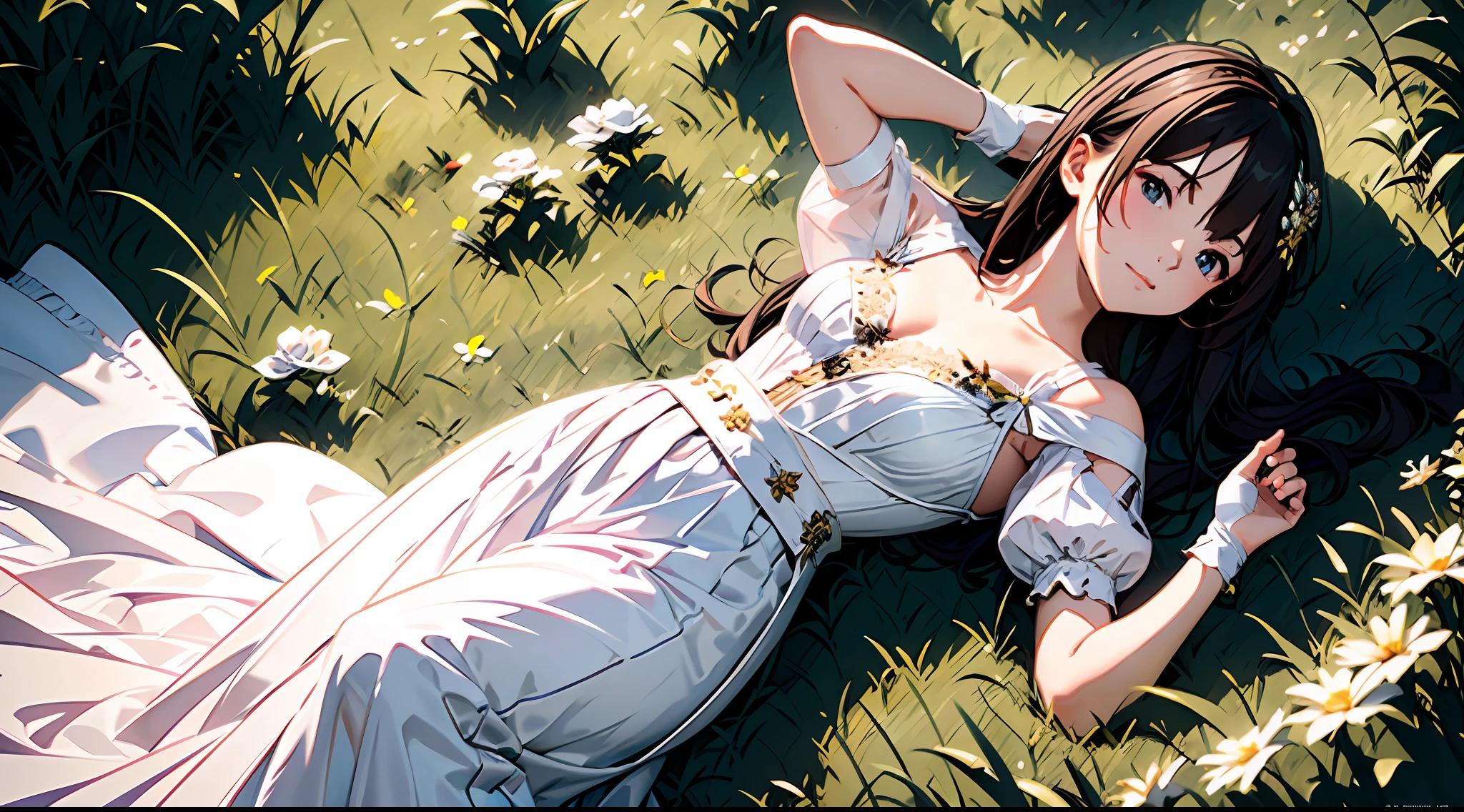 (Masterpiece), Best quality, (CharacterDesignSheet,Same role,frontage,Lateral face,on back), wears a white dress,Purple lace,(White lace gloves,Purple lace),There are flowers on it, concept-art,Lace gloves,Off-the-shoulder attire