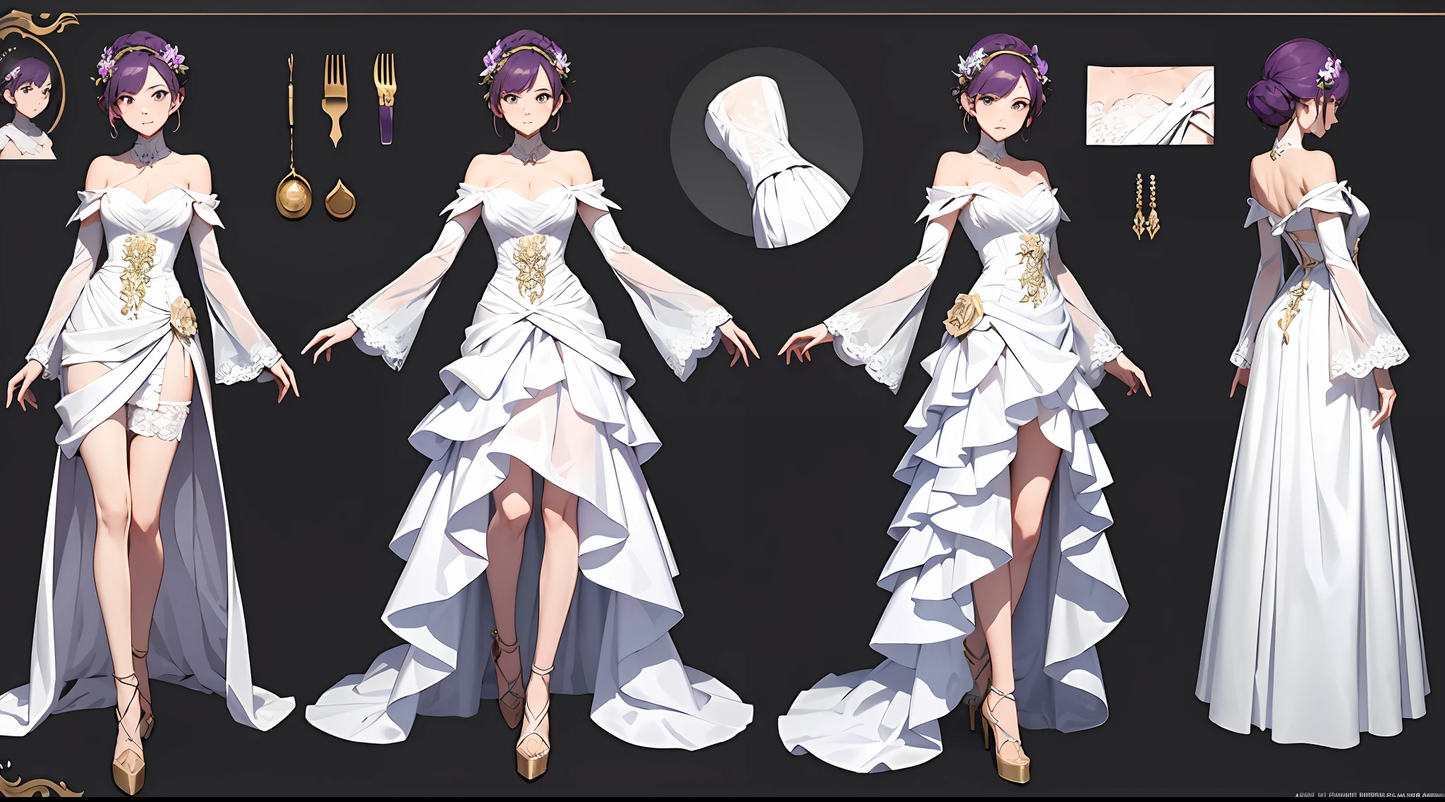 (Masterpiece), Best quality, （CharacterDesignSheet，Same role，frontage，Lateral face，on  back）, wears a white dress，Purple lace，（White lace gloves，Purple lace），There are flowers on it,   concept-art，Lace gloves，Off-the-shoulder attire