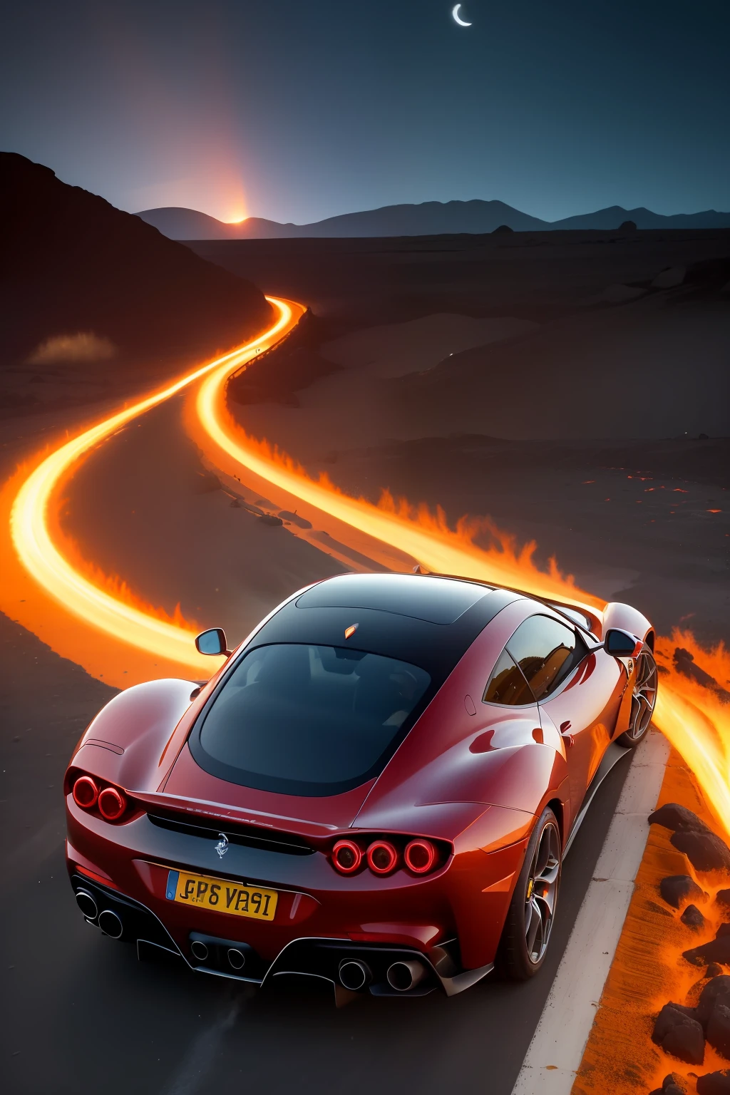 In this breathtaking scene, a sleek Ferrari car races across the molten lava fields of the moon. The intense heat and vibrant colors of the lava contrast against the dark lunar landscape, creating a striking and surreal image.

The Ferrari's aerodynamic design and powerful engine allow it to glide effortlessly over the treacherous terrain, leaving behind fiery trails as it defies gravity.

The scene is illuminated by the glowing lava, casting an ethereal light that highlights the car's elegant curves and exquisite details.

Amidst the lunar backdrop, the Ferrari stands as a symbol of human ingenuity and ambition, pushing the boundaries of exploration and speed beyond the confines of Earth.

This image captures the exhilaration of adventure and the thrill of exploring new frontiers, evoking a sense of awe and wonder at the possibilities that lie beyond our planet. It is a testament to the spirit of exploration that drives humanity to reach for the stars and beyond.
