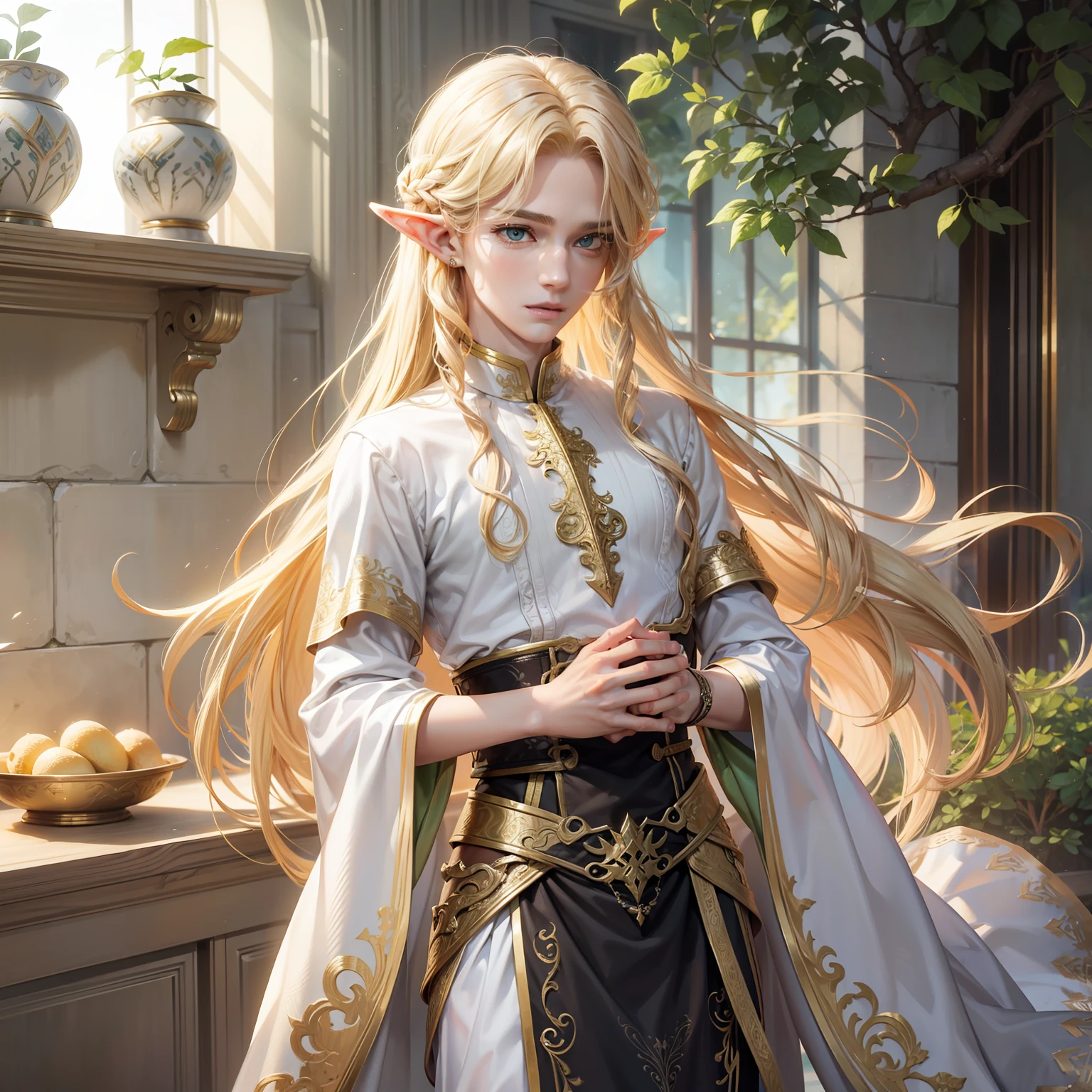filigree，realisticlying，1boy ，独奏，Long blonde hair，Green eyes，elf prince，Delicate facial features，