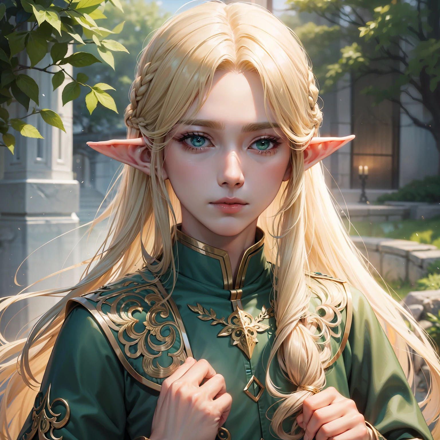 filigree，realisticlying，1boy ，独奏，Long blonde hair，Green eyes，elf prince，Delicate facial features，