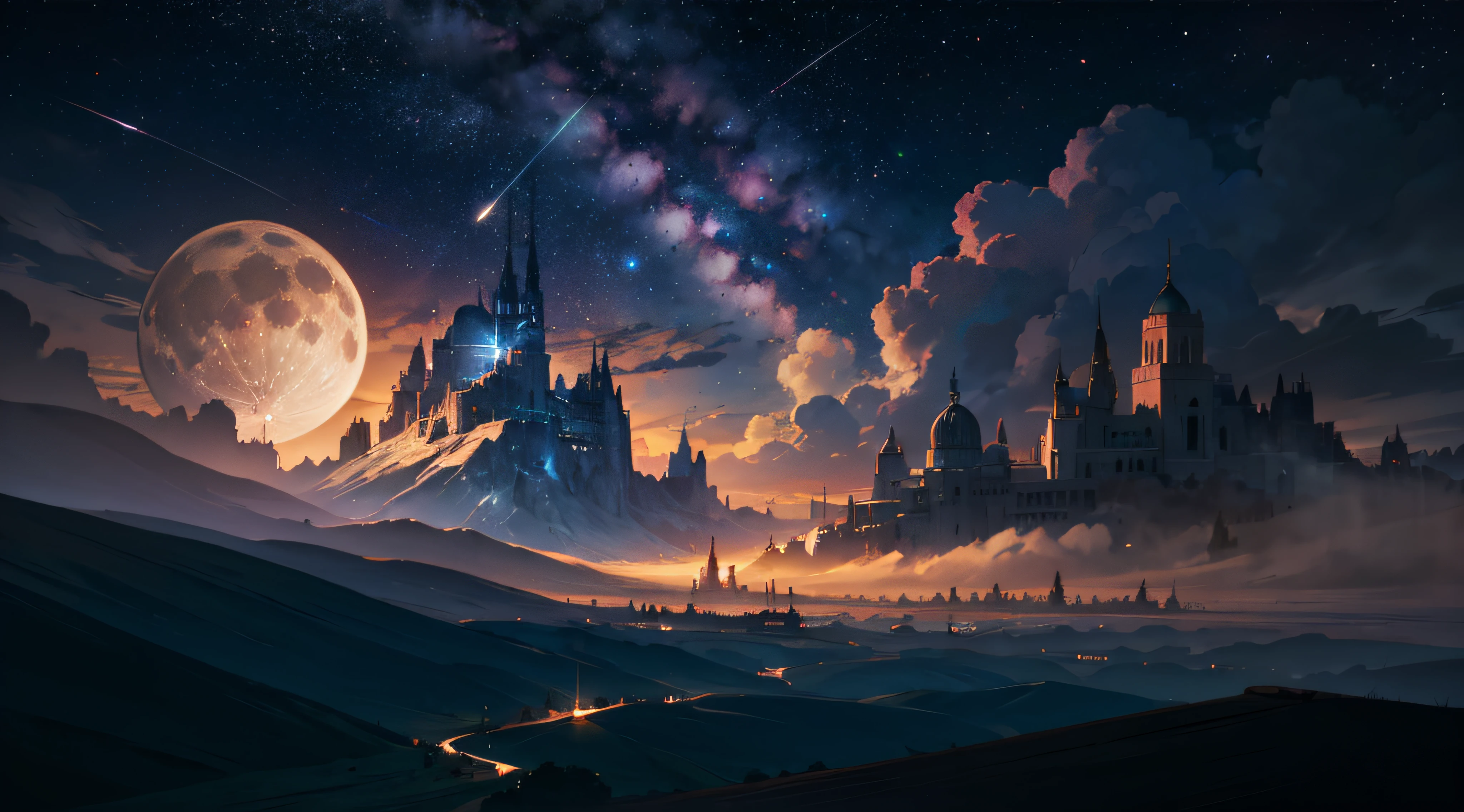 Expansive landscape photograph,(moon full:1.2),(meteors:0.9),(Starcloud:1.3),(Warm light source:1.2),(glowworm:1.2),lamp lights,Lots of purple and orange,Complicated details,Volumetriclighting,Realism BREAK(tmasterpiece:1.2),(best qualtiy),8K,Ultra-detailed,(dynamic compositions:1.4),The is very detailed,Colorful details,(Irridescent color:1.2),(luminouslighting,Atmospheric lighting),dream magical,magical,(独奏:1.2),((best qualtiy)), ((tmasterpiece)), (the detail:1.4),depth of fields,maximum definition and sharpness,perfectly proportions,Fluttering clouds,Wallpapers