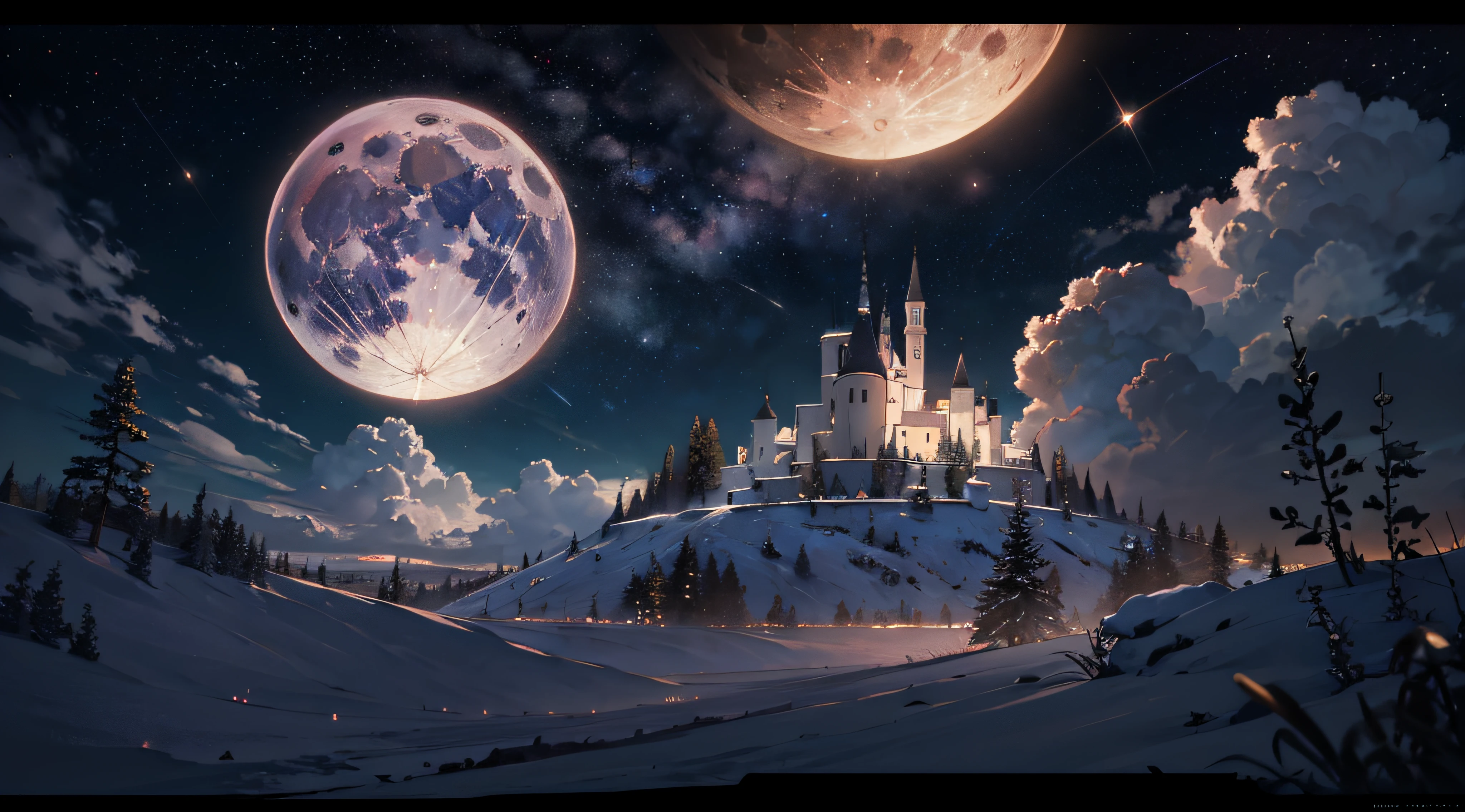 Expansive landscape photograph,(moon full:1.2),(meteors:0.9),(Starcloud:1.3),(Warm light source:1.2),(glowworm:1.2),lamp lights,Lots of purple and orange,Complicated details,Volumetriclighting,Realism BREAK(tmasterpiece:1.2),(best qualtiy),8K,Ultra-detailed,(dynamic compositions:1.4),The is very detailed,Colorful details,(Irridescent color:1.2),(luminouslighting,Atmospheric lighting),dream magical,magical,(独奏:1.2),((best qualtiy)), ((tmasterpiece)), (the detail:1.4),depth of fields,maximum definition and sharpness,perfectly proportions,Fluttering clouds,Wallpapers