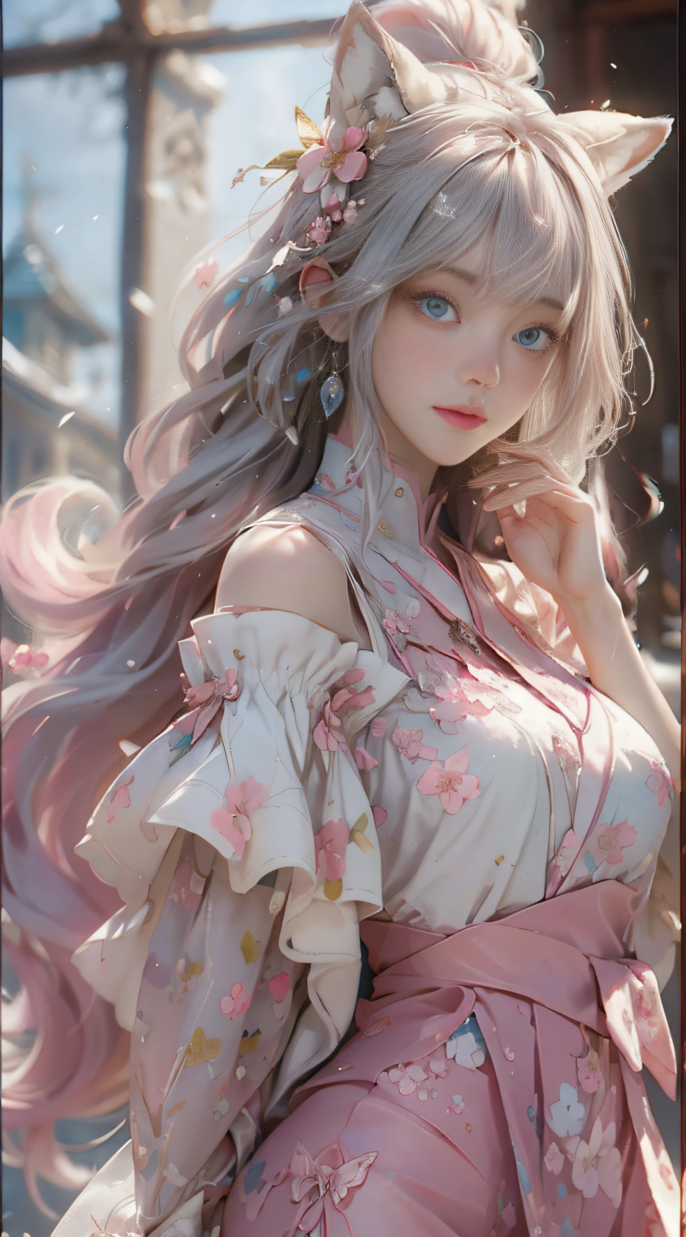 （（best qualtiy））， （（tmasterpiece））， （detail：1.4）， Beautiful cyberpunk female images，hdr（HighDynamicRange），Ray traching，NVIDIA RTX，Hyper-Resolution，illusory 5，sub surface scattering，PBR textures，post-proces，Anisotropy Filtering，depth of fields，maximum definition and sharpness，Many-Layer Textures，Albedo e mapas Speculares，Surface coloring，Mitsu-Accurate simulation of material interactions，perfectly proportioned，rendering by octane，Two-colored light，largeaperture，Low ISO，White balance，Rule three points、8K raw data、Beautiful bright blue pupils，off-the-shoulder clothes，Fine pupils，Delicate face and eyes，long eyelasher，Blushlush，Delicate and fluffy hair，pink lip，Pure，Cute face，Sweet girl，Artistic sense，Casual wear，Advancedsense，butterflys，Cherry blossom petal，Beautiful hair accessories，Long hair and waist，Hair fluttering in the wind，Snow-white fox ears，curlies，Snow-white fluffy tail，Positive light，The light from the back window is backlighted