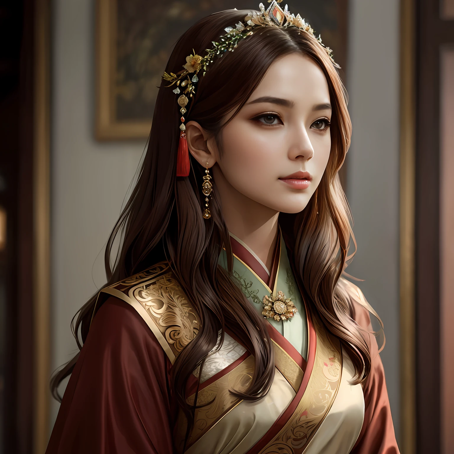 8k portrait of beautiful woman with brown hair，Stand up，iintricate，ellegance，Highly meticulous，A majestic，Digital photography，The painting was painted by Artgerm and Ruan Jia and Greg Rutkowski in surrealist Chinese Hanfu，brokenglass，（tmasterpiece，Sideslit，exquisite and beautiful eyes：1.2 ), Human Development Report,