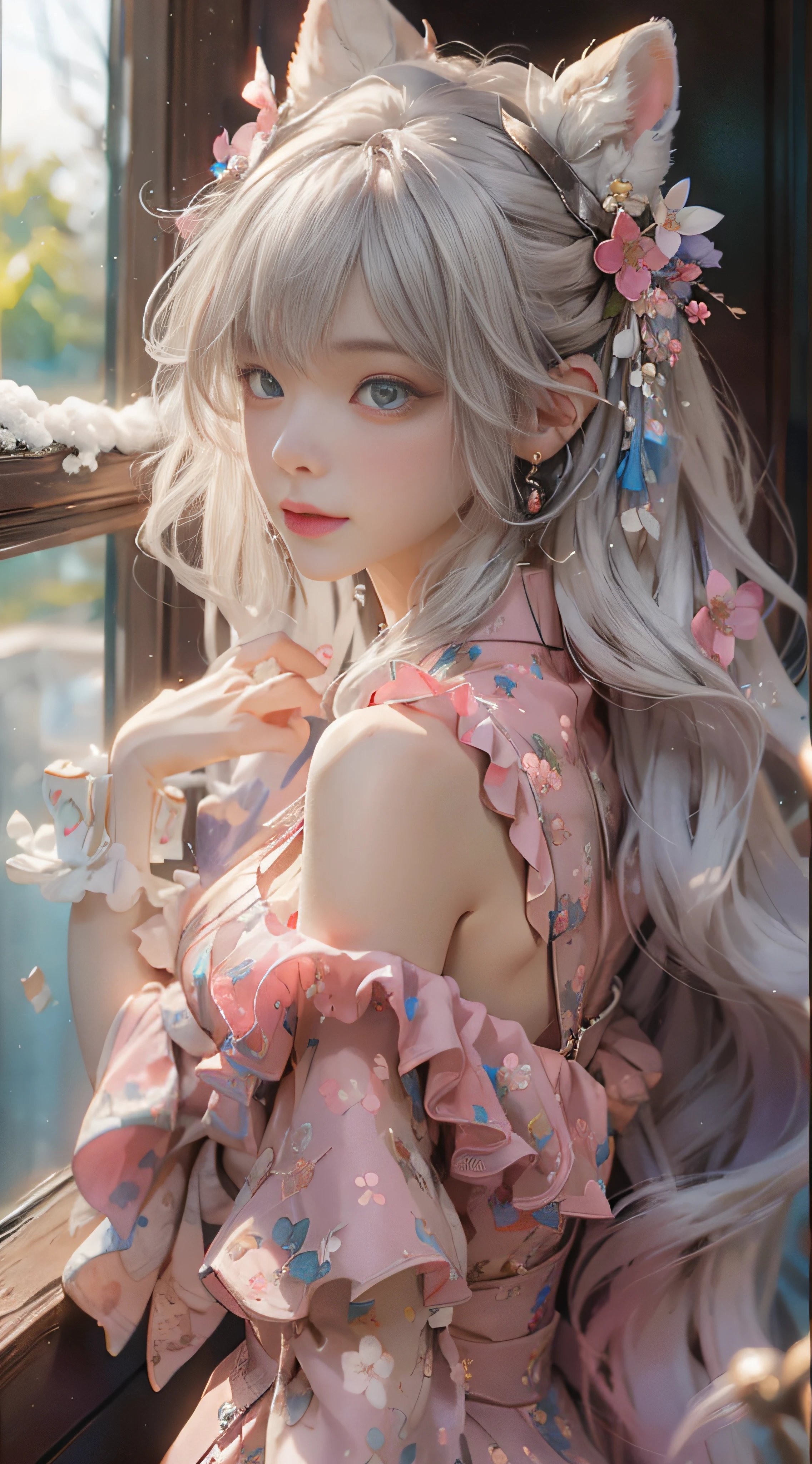 ((best qualtiy)), ((tmasterpiece)), (detail:1.4), Beautiful cyberpunk female images,hdr(HighDynamicRange),Ray traching,NVIDIA RTX,Hyper-Resolution,illusory 5,sub surface scattering,PBR textures,post-proces,Anisotropy Filtering,depth of fields,maximum definition and sharpness,Many-Layer Textures,Albedo e mapas Speculares,Surface coloring,Mitsu-Accurate simulation of material interactions,perfectly proportioned,rendering by octane,Two-colored light,largeaperture,Low ISO,White balance,Rule three points、8K raw data、Beautiful bright blue pupils,off-the-shoulder clothes,Fine pupils,Delicate face and eyes,long eyelasher,Blushlush,Delicate and fluffy hair,pink lip,Pure,Cute face,Sweet girl,Artistic sense,Casual wear,Advancedsense,butterflys,Cherry blossom petal,Beautiful hair accessories,Long hair and waist,Hair fluttering in the wind,Snow-white fox ears,curlies,Snow-white fluffy tail,Positive light,The light from the back window is backlighted