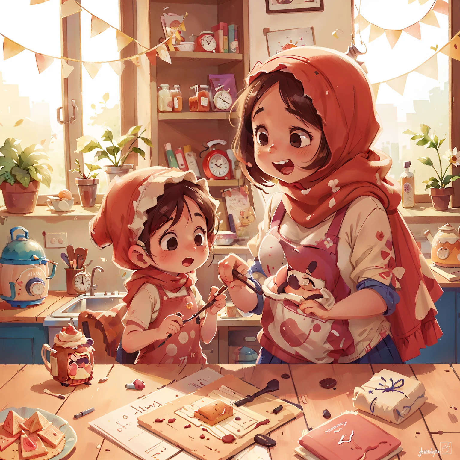 Hijab girl cooking a birthday cake, with mother, in kitchen home, happy, clean images, watercolor