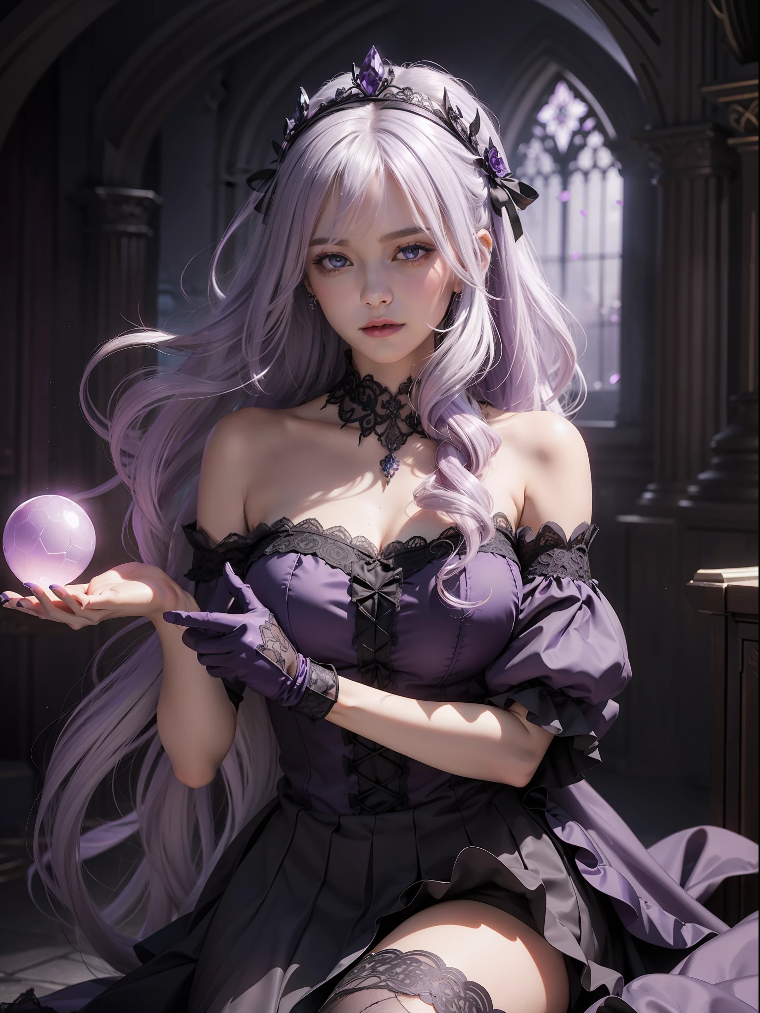 Gothic,realistic scenes,3D modeling aid effec,close-up portrait of queencore.fairy academia,purple and dark theme,dark white and dark gray,mysterious beauty,intricate curly long hair,white hair,swept bangs,blushed skin,parted lips,dress in gown off the shoulder Gothic purple and black tulle ruffle,overskirt,purple lace elbow gloves,sitting in a magnificent palace,holding and staring at crystal ball glowing purple,ambient light,light particles,blurry --ar 2:3 --q 5 --niji 5