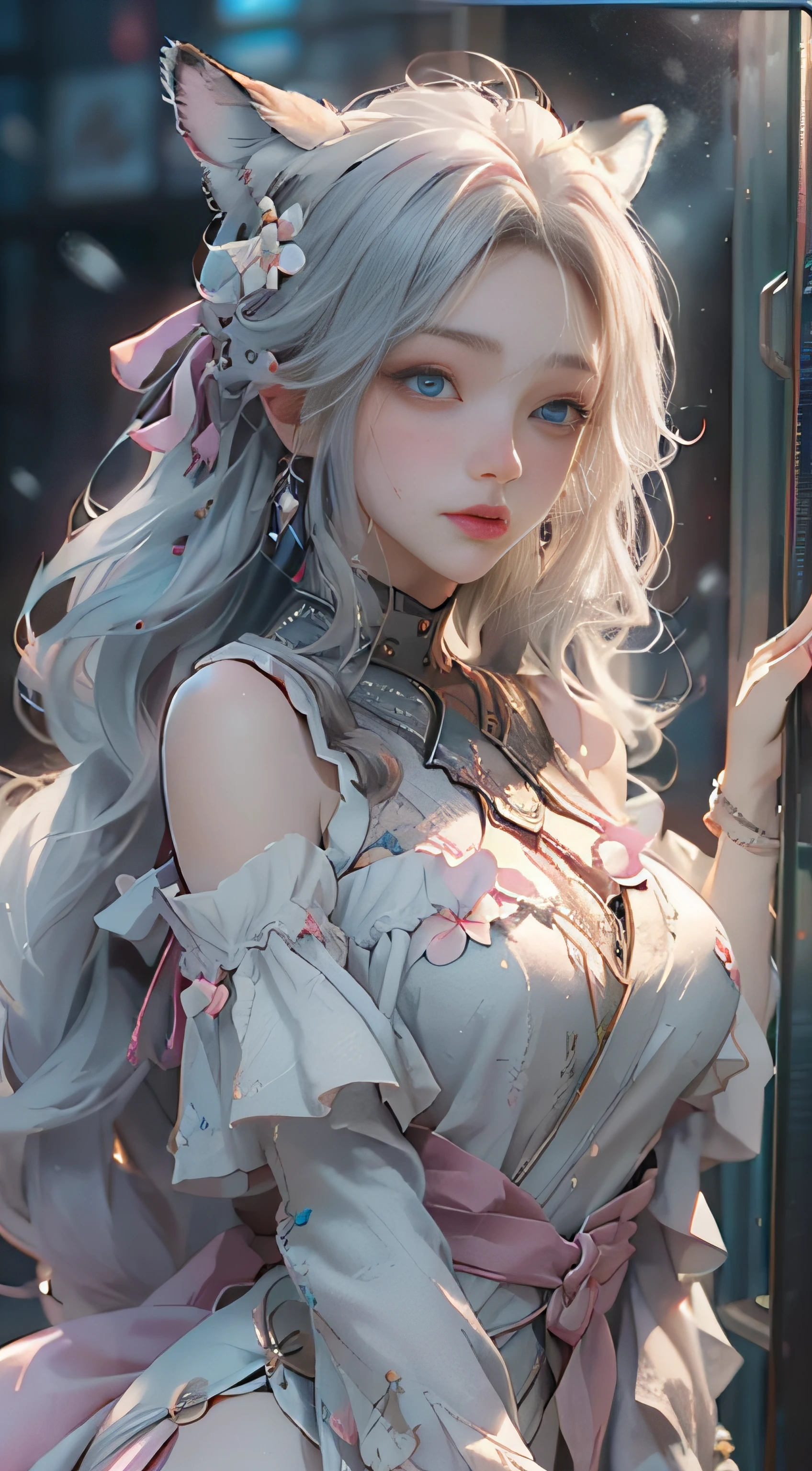 ((best qualtiy)), ((tmasterpiece)), (detail:1.4), Beautiful cyberpunk female images,hdr(HighDynamicRange),Ray traching,NVIDIA RTX,Hyper-Resolution,illusory 5,sub surface scattering,PBR textures,post-proces,Anisotropy Filtering,depth of fields,maximum definition and sharpness,Many-Layer Textures,Albedo e mapas Speculares,Surface coloring,Mitsu-Accurate simulation of material interactions,perfectly proportioned,rendering by octane,Two-colored light,largeaperture,Low ISO,White balance,Rule three points、8K raw data、Beautiful bright blue pupils,off-the-shoulder clothes,Fine pupils,Delicate face and eyes,long eyelasher,Blushlush,Delicate and fluffy hair,pink lip,Pure,Cute face,Sweet girl,Artistic sense,Casual wear,Advancedsense,butterflys,Cherry blossom petal,Beautiful hair accessories,Long hair and waist,Hair fluttering in the wind,Snow-white fox ears,curlies,Snow-white fluffy tail,Positive light,The light from the back window is backlighted