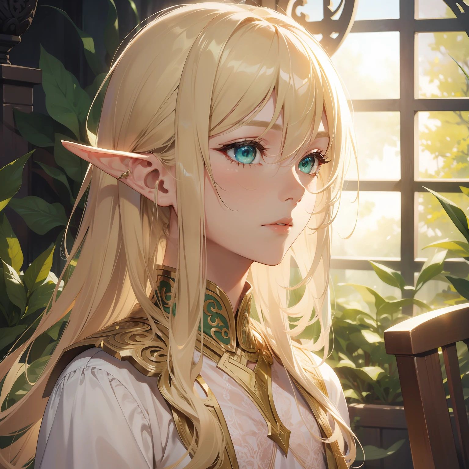 filigree,realisticlying,1boy ,独奏,Long blonde hair,Green eyes,elf prince,Delicate facial features,