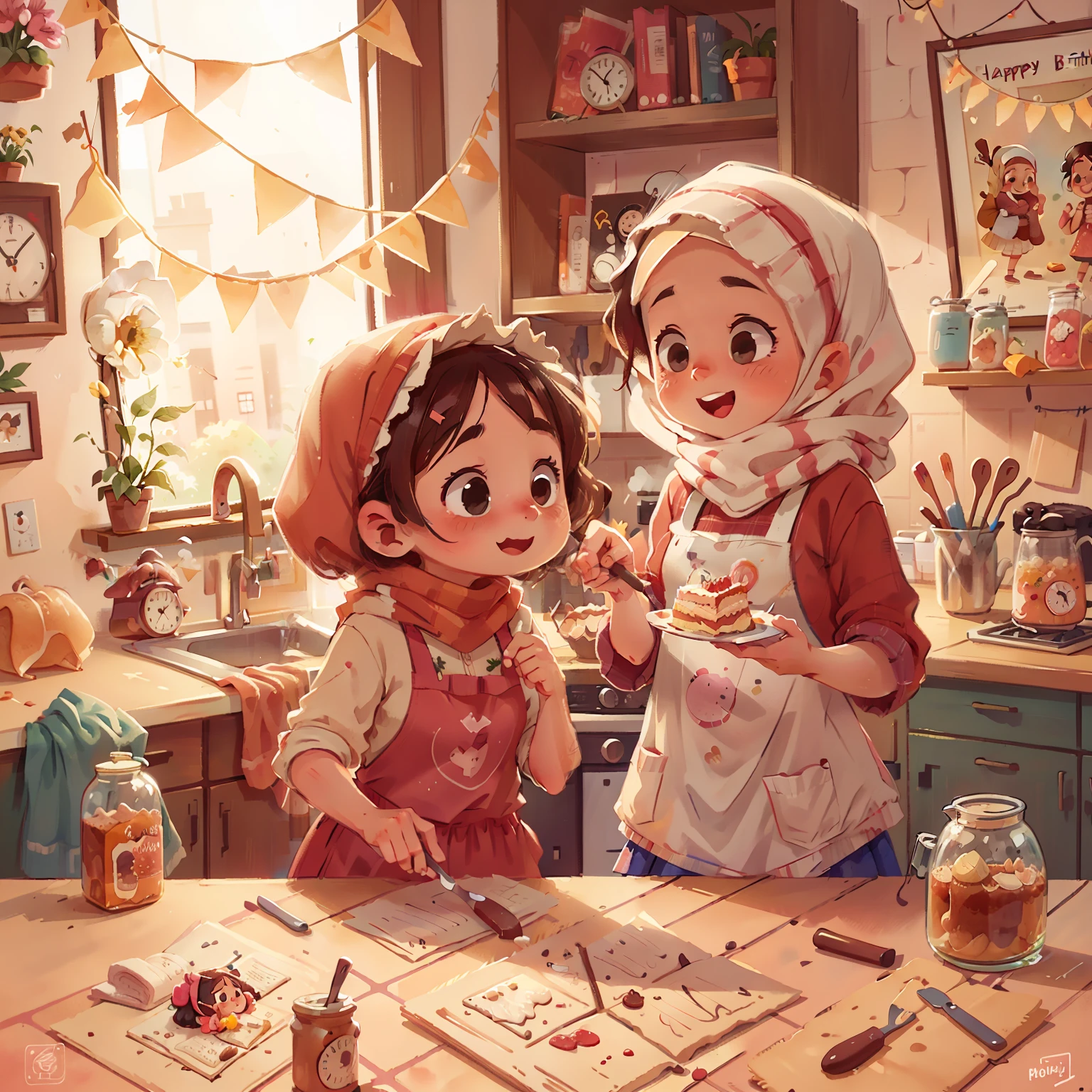 Hijab girl cooking a birthday cake, with mother, in kitchen home, happy, clean images, watercolor