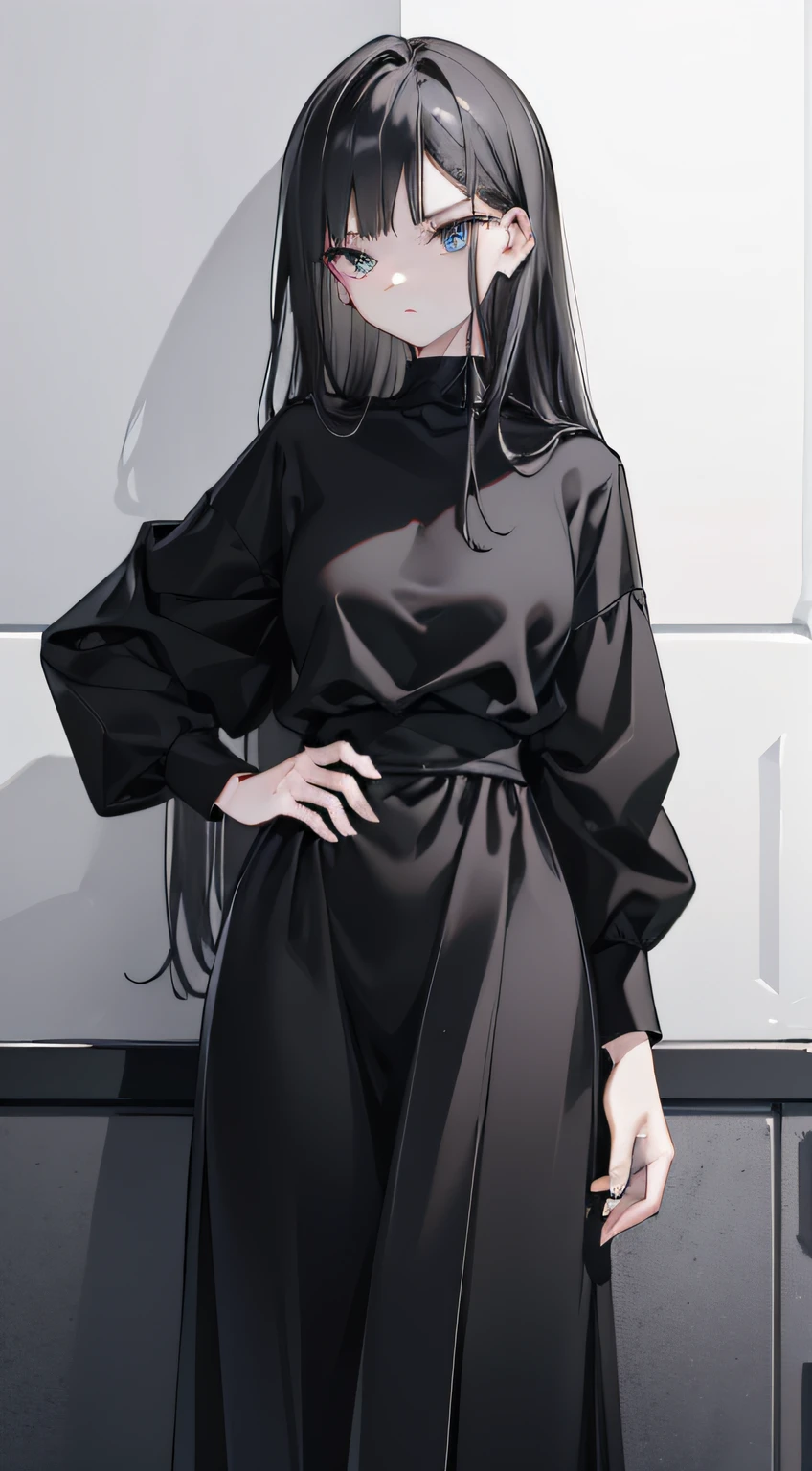 A woman in a black shirt and black dress，Minimalist style，Wear elegant casual clothing，boots，Milk and black style，Modern and stylish dress，Casual modern dress，inspo , Blackn clothes, Black pantsuit, Neutral tones, rred and white color scheme, leisure wear, scary face,, 22 year old, adult face, long hair, ((black hair))