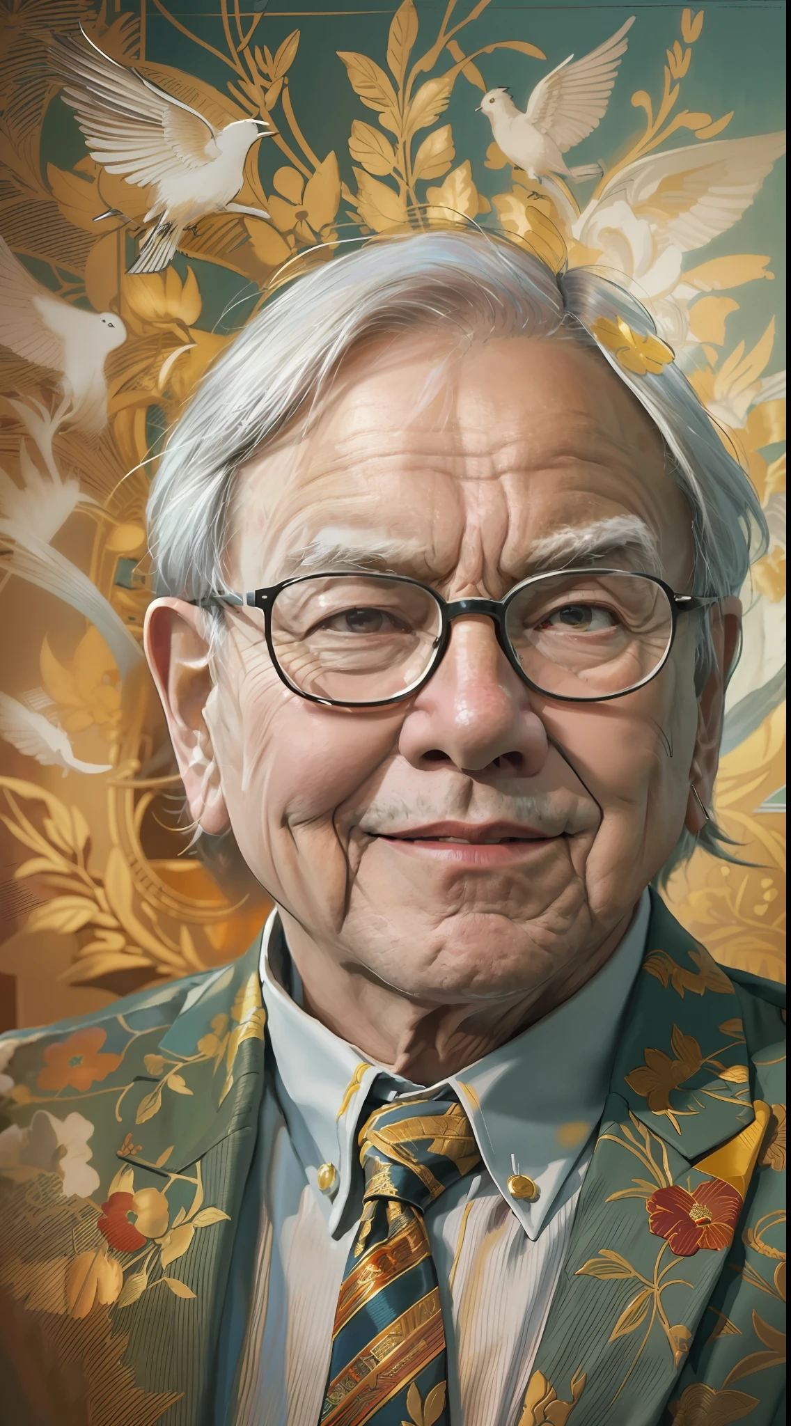 An artistic illustration of Warren Buffett, envisioned in a unique style reminiscent of the great masters, a harmonious blend of realism and flair, the scene resonating with rich colors, capturing the essence of his accomplishments, the atmosphere radiating tranquility and success, --v 5 --stylize 1000