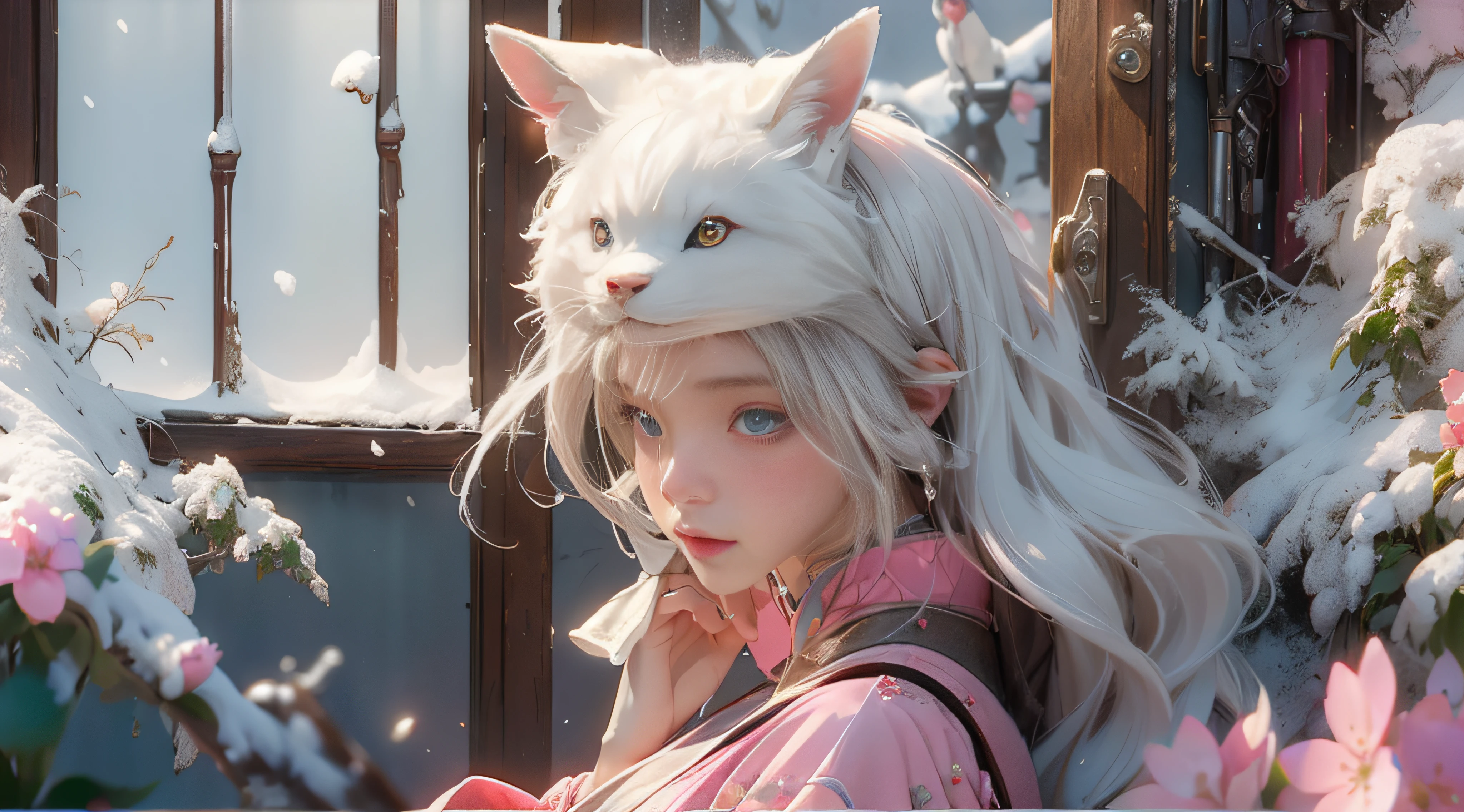 ((best qualtiy)), ((tmasterpiece)), (detail:1.4), Beautiful cyberpunk female images,hdr(HighDynamicRange),Ray traching,NVIDIA RTX,Hyper-Resolution,illusory 5,sub surface scattering,PBR textures,post-proces,Anisotropy Filtering,depth of fields,maximum definition and sharpness,Many-Layer Textures,Albedo e mapas Speculares,Surface coloring,Mitsu-Accurate simulation of material interactions,perfectly proportioned,rendering by octane,Two-colored light,largeaperture,Low ISO,White balance,Rule three points、8K raw data、Beautiful bright blue pupils,off-the-shoulder clothes,Fine pupils,Delicate face and eyes,long eyelasher,Blushlush,Delicate and fluffy hair,pink lip,Pure,Cute face,Sweet girl,Artistic sense,Casual wear,Advancedsense,butterflys,Cherry blossom petal,Beautiful hair accessories,Long hair and waist,Hair fluttering in the wind,Snow-white fox ears,curlies,Snow-white fluffy tail,Positive light,The light from the back window is backlighted