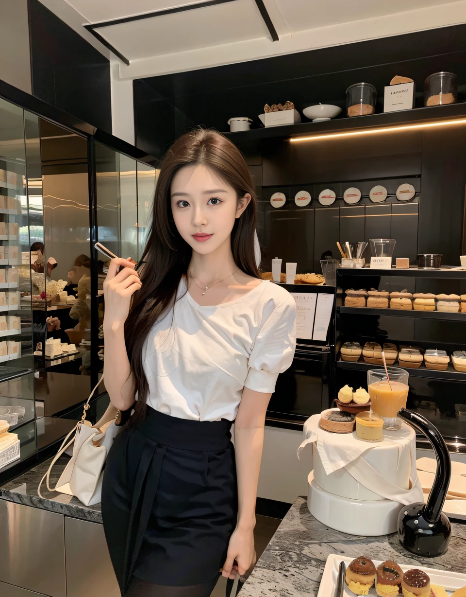 ,Masterpiece, Best quality,8K, 超高分辨率,Reallightandshadow,(beautidful eyes:1.1),Beautuful Women,are standing,Dessert shop,short- sleeved,a skirt