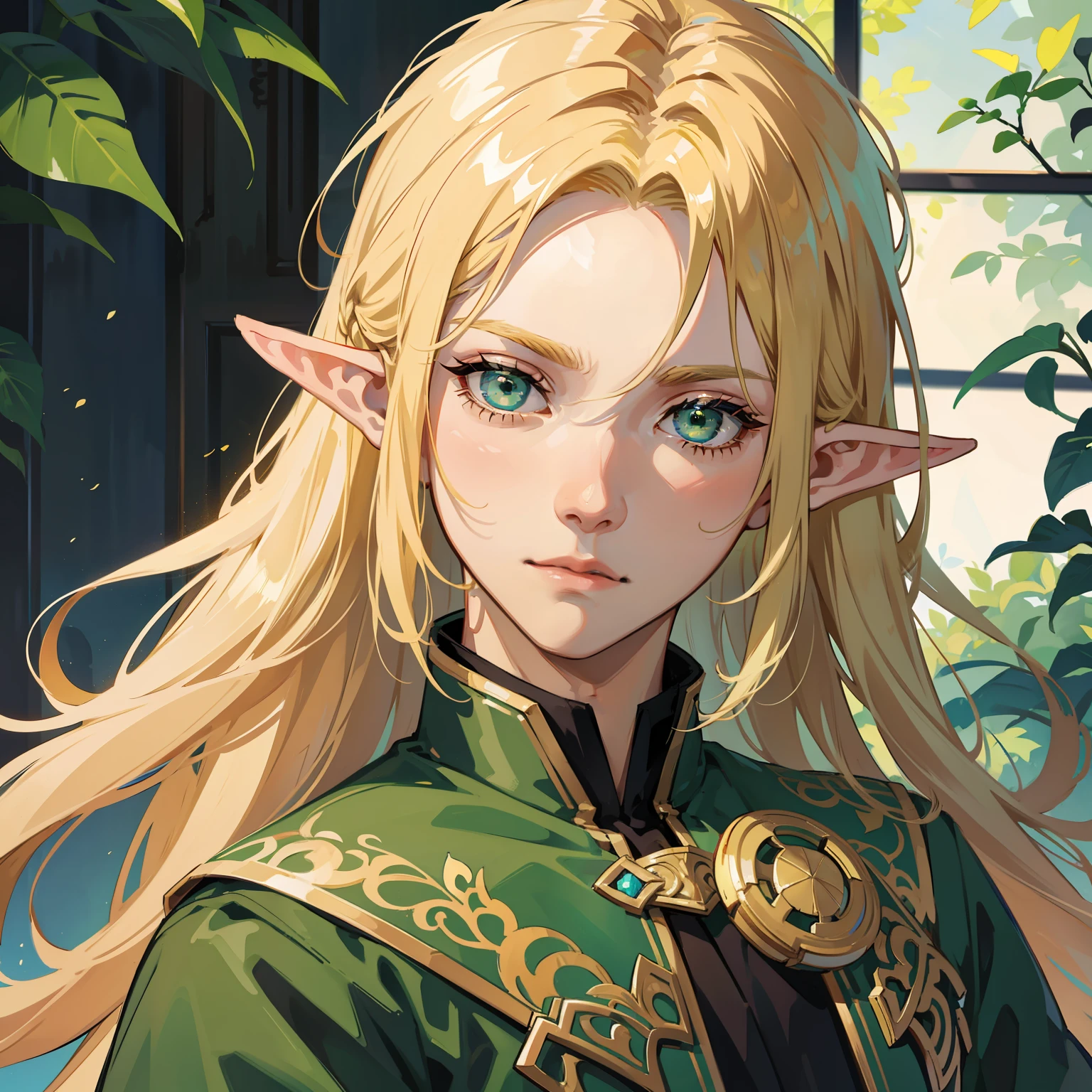 filigree,realisticlying,1boy ,独奏,Long blonde hair,Green eyes,elf prince,Delicate facial features,