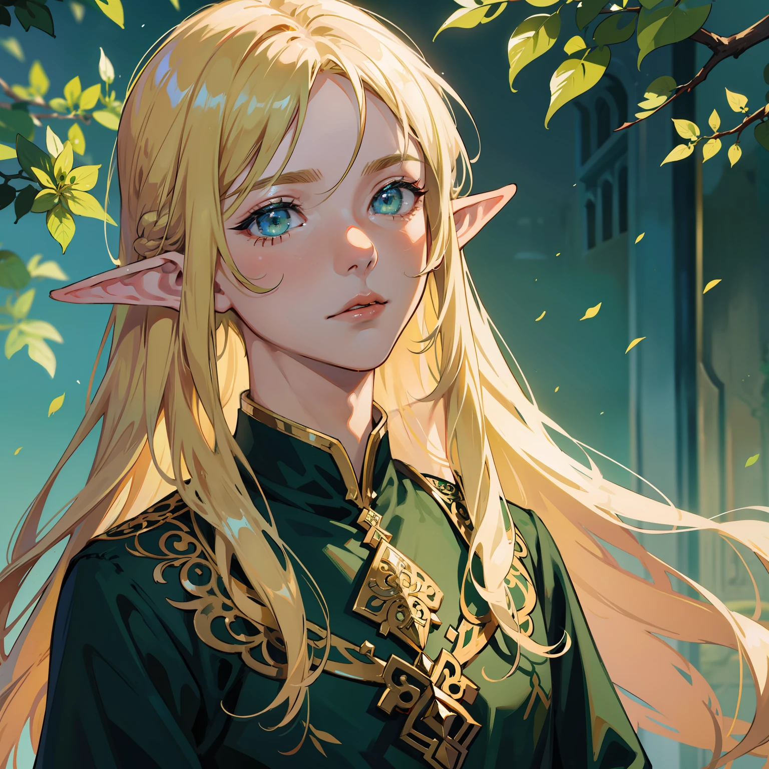 filigree,realisticlying,1boy ,独奏,Long blonde hair,Green eyes,elf prince,Delicate facial features,